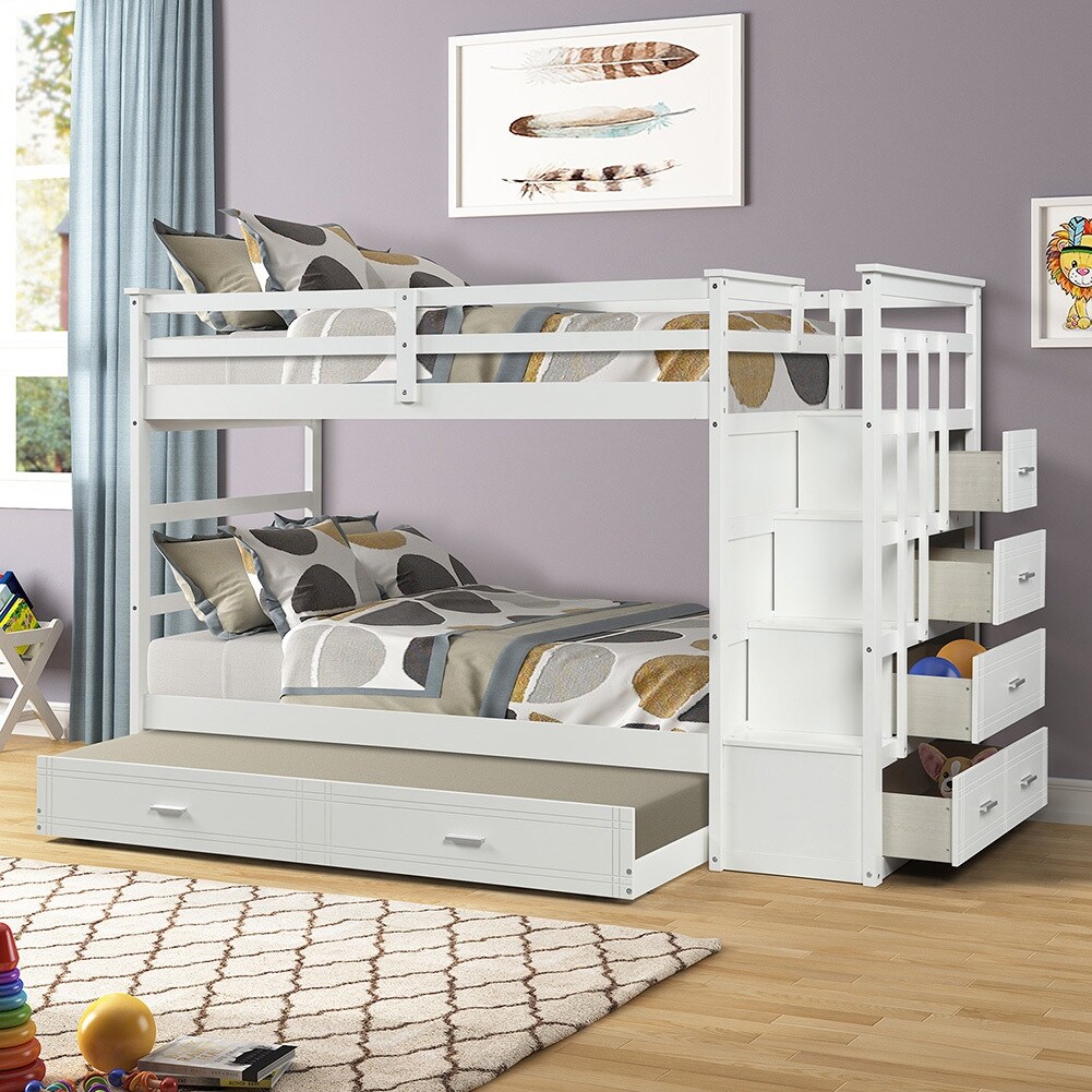 Twin Over Twin Bunk Bed with Trundle and Staircase