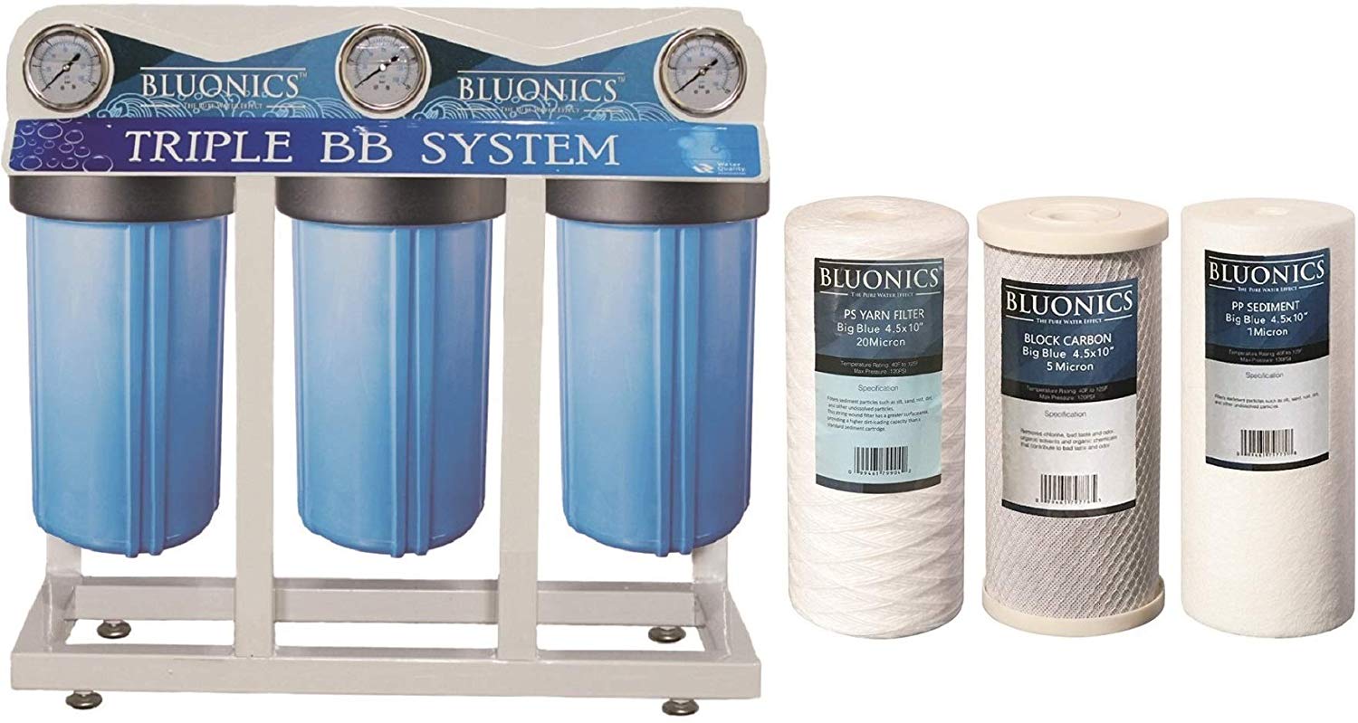 Bluonics Whole House Well Water Filter 3 Stage Home Purifier with Big Blue Size 4.5 x 10 Filters for Rust, Iron, Sand, Dirt, Sediment Bad Taste Odor