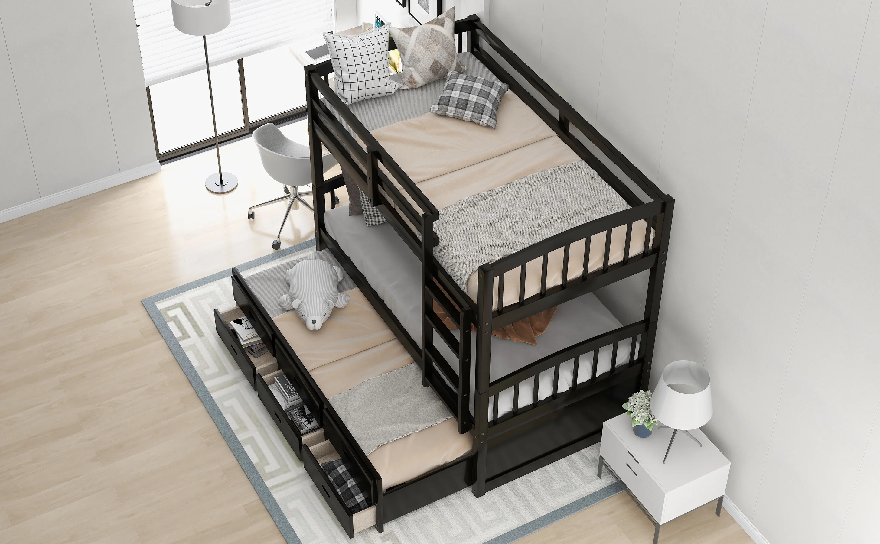 CoSoTower Twin Over Twin Wood Bunk Bed With Trundle And Drawers, Espresso