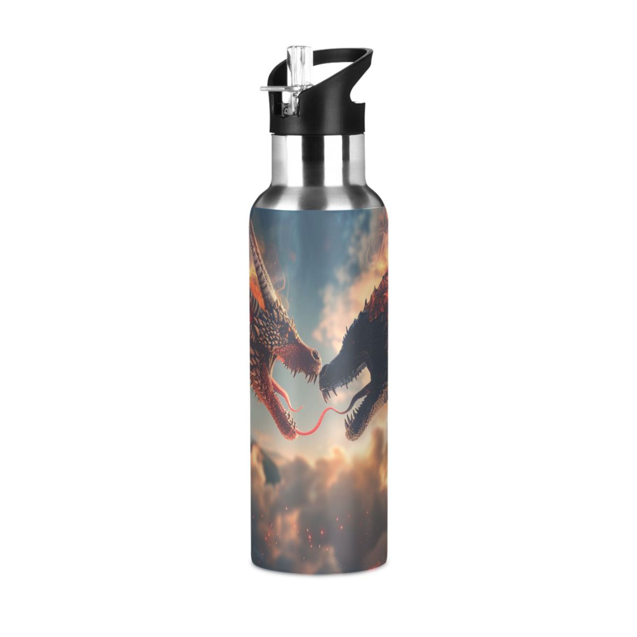 Dragons Fire in Sky Water Bottles Insulated Thermos Kids Stainless Steel Bottle with Straw Lid Flask Leakproof for Sports Gym 20 oz