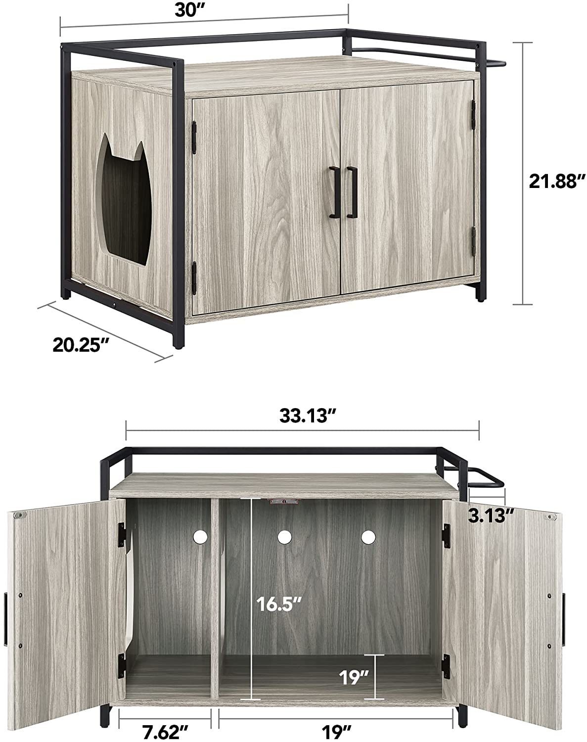 LANTRO JS Hidden Cat Litter Box Furniture with Ventilation and Bench Seat, Pet Crate with Iron and Wood Sturdy Structure