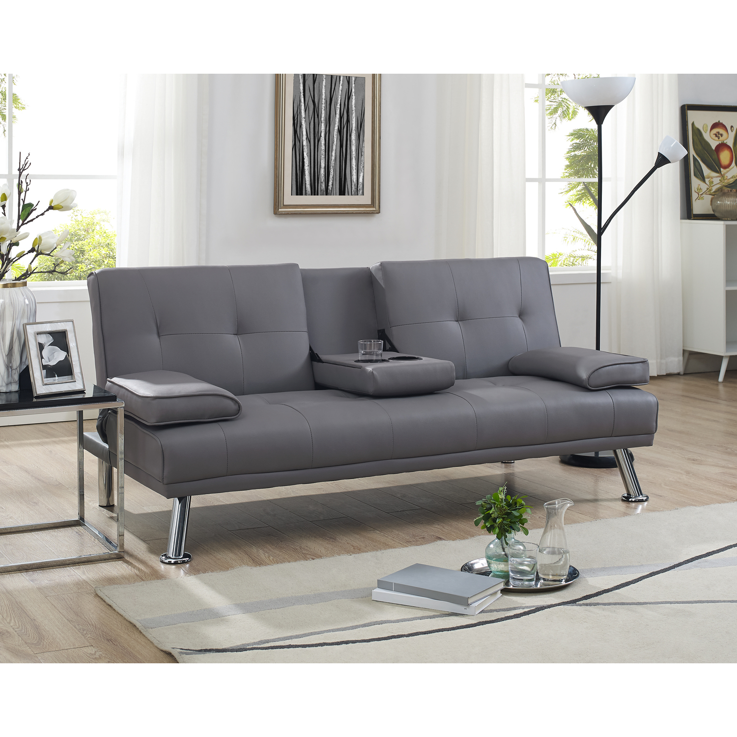 Convertible Faux Leather Futon Sofa Bed, Folding Sofa Couch with arm rest, 2 cup holders and Chrome metal Legs, Gray