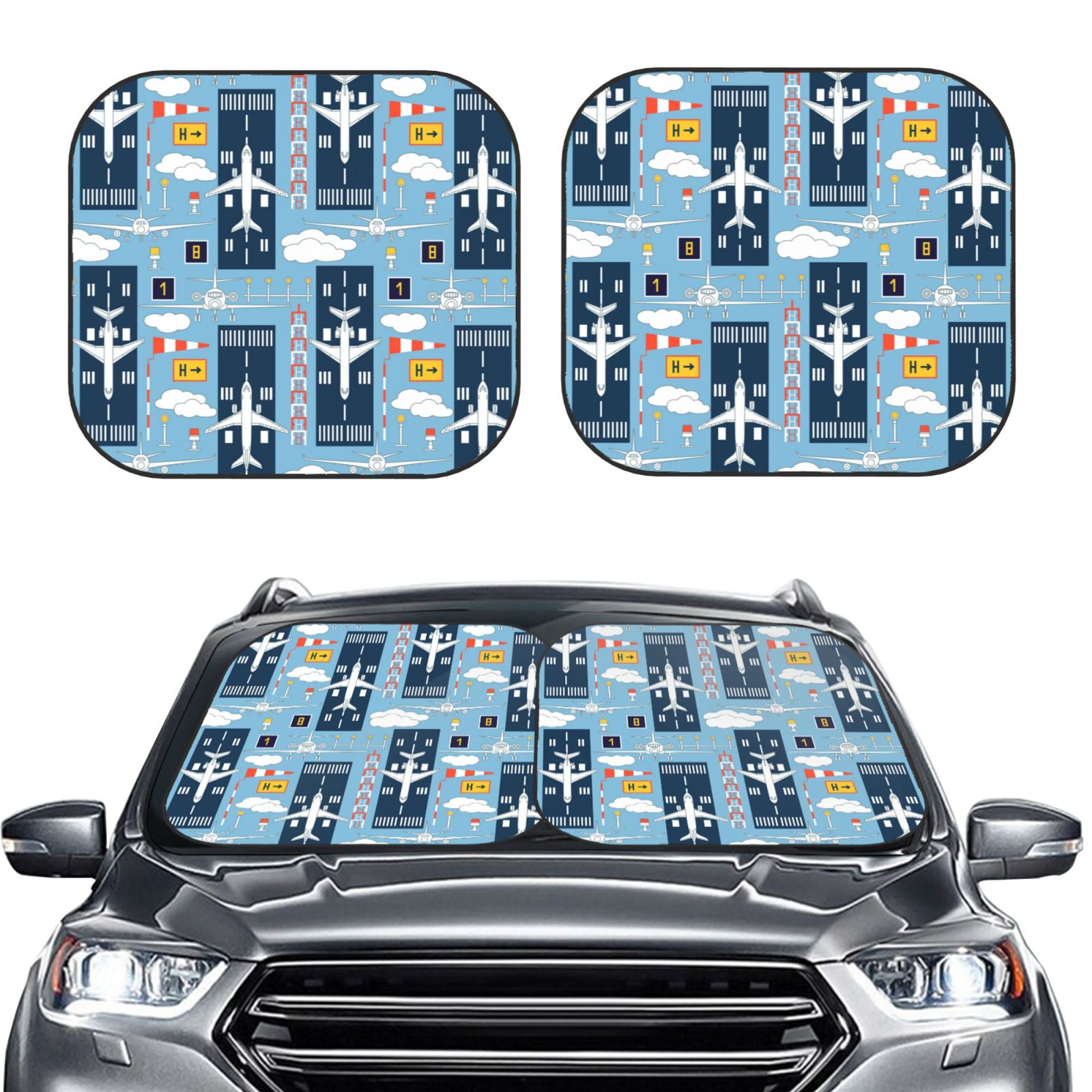 Lukts Airplanes And Aviation Signs Print 2 Piece Car Sun Shade Windshield,Foldable Car Shade Front Windshield With Keeps Your Vehicle Cool, For Most Sedans Suv And Trucks - Small
