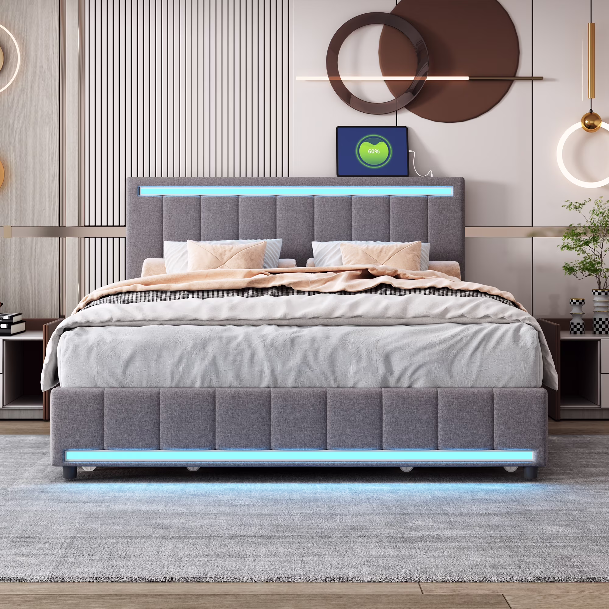 Bellemave Queen Size Linen Upholstered Bed with LED Light and Drawers Storage Platform Bed with USB Charging Port Queen Bed Frame with Adjustable Headboard No Box Spring Needed, Gray