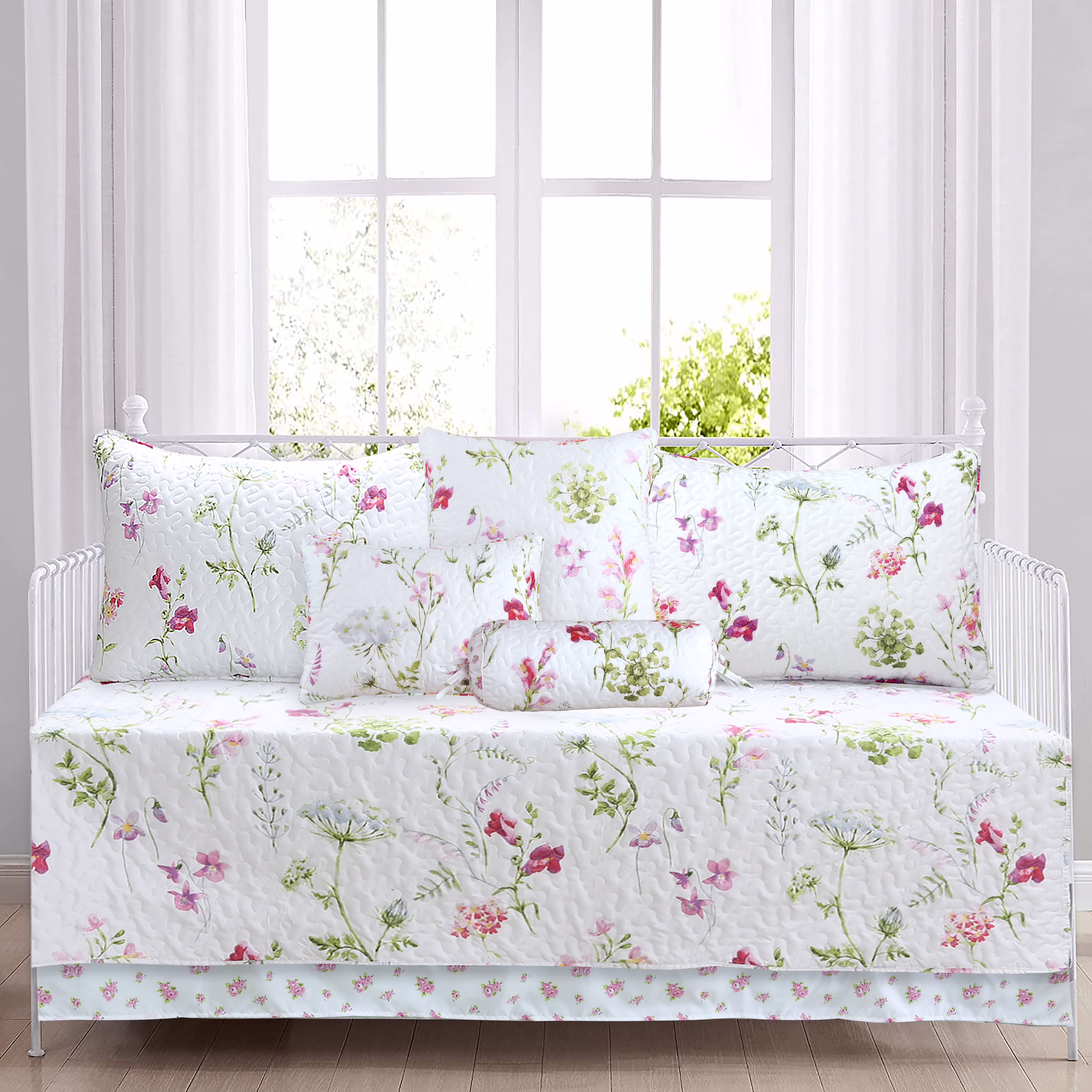 Summer Bloom Azalea Floral Garden Chintz 7-Piece Pink Blue White Green Microfiber Reversible DayBed Quilted Bedding Set with Décor Throw Pillows
