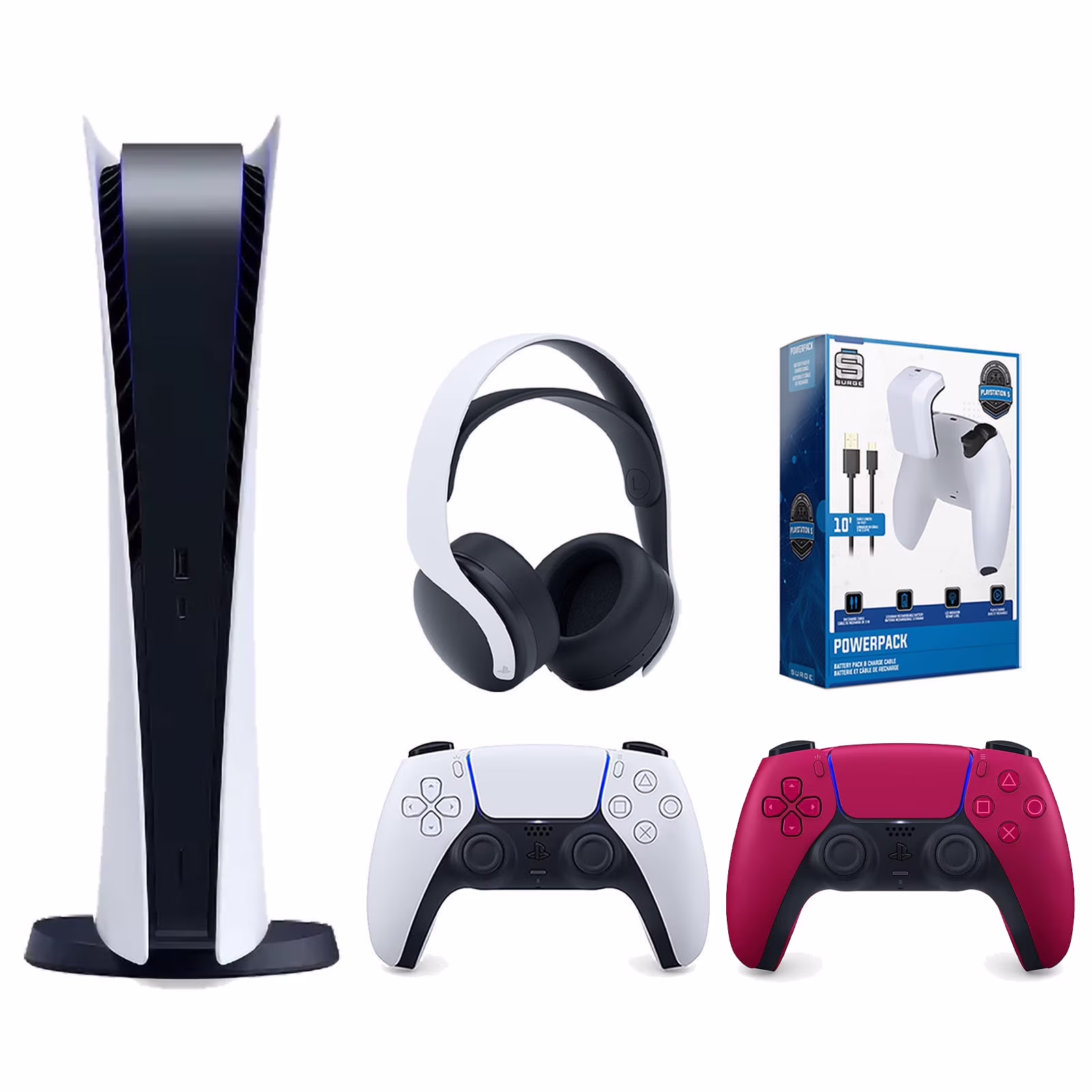 Sony Playstation 5 Digital Edition Console with Extra Red Controller, White PULSE 3D Headset and Surge PowerPack Battery Pack & Charge Cable Bundle