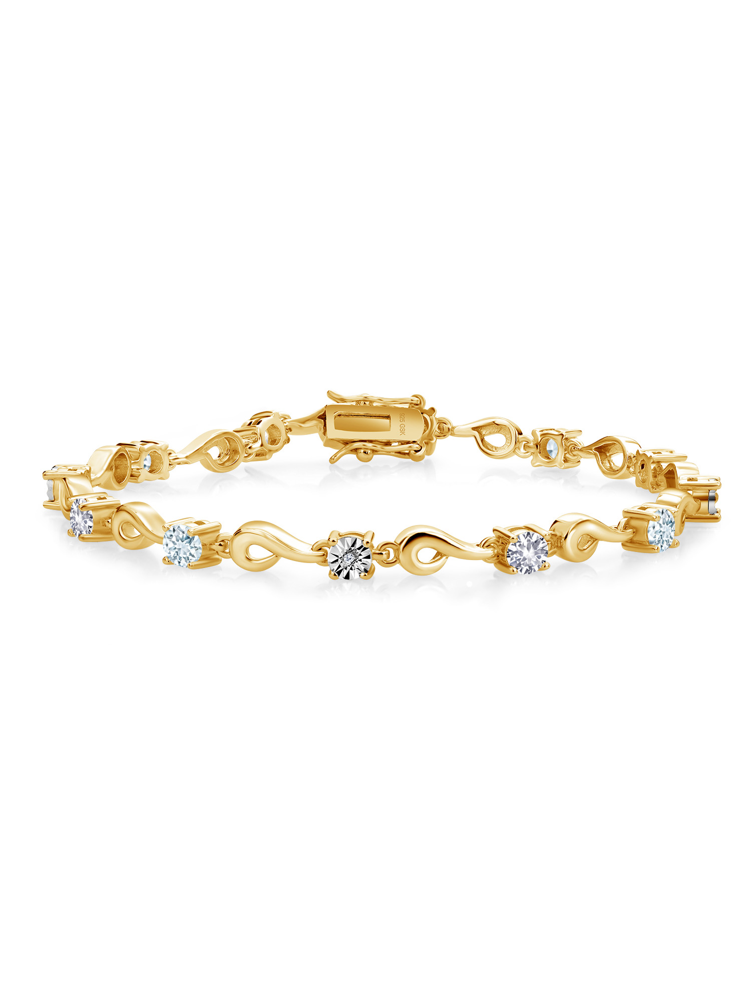 Gem Stone King 18K Yellow Gold Plated Silver Sky Blue Aquamarine and White Lab Grown Diamond Bracelet For Women (2.27 Cttw, Gemstone March Birthstone, Round 4MM, 6.5 inch)