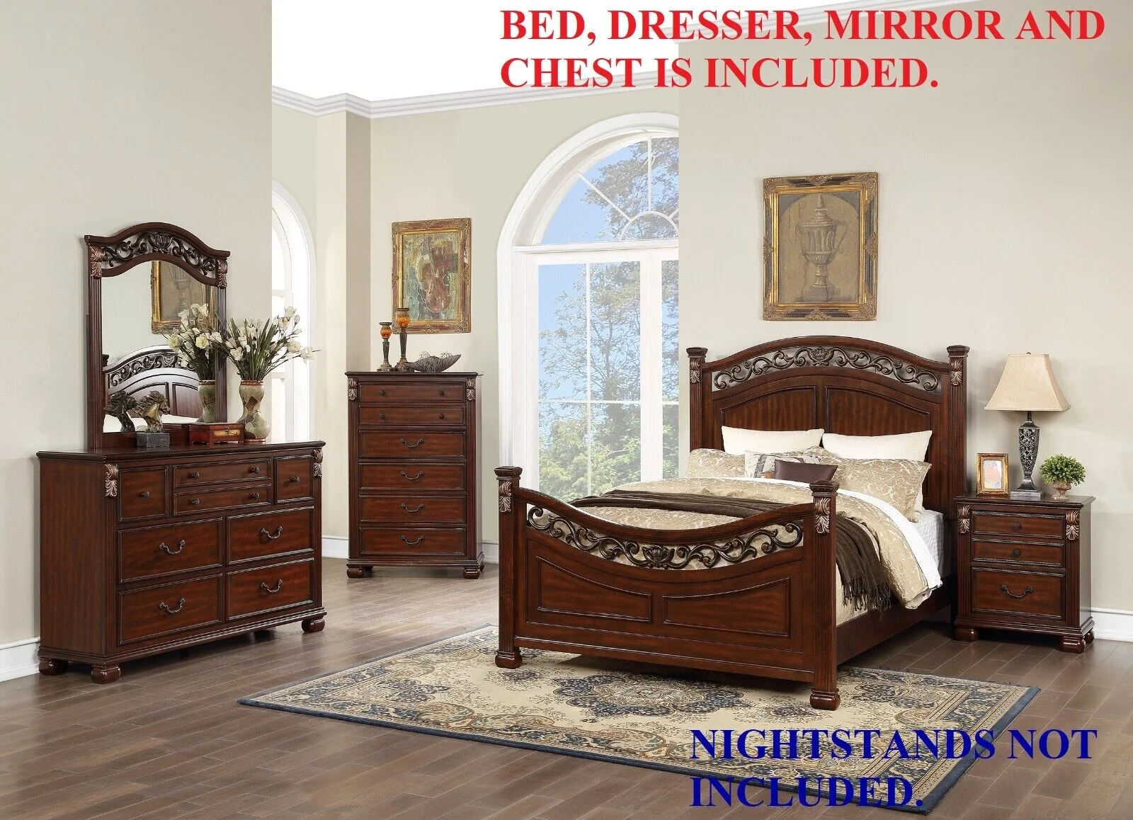 Elegant Traditional Eastern King Bed Dresser Mirror Chest Brown Finish 4pc Set Bedroom Furniture Gorgeous Headboard
