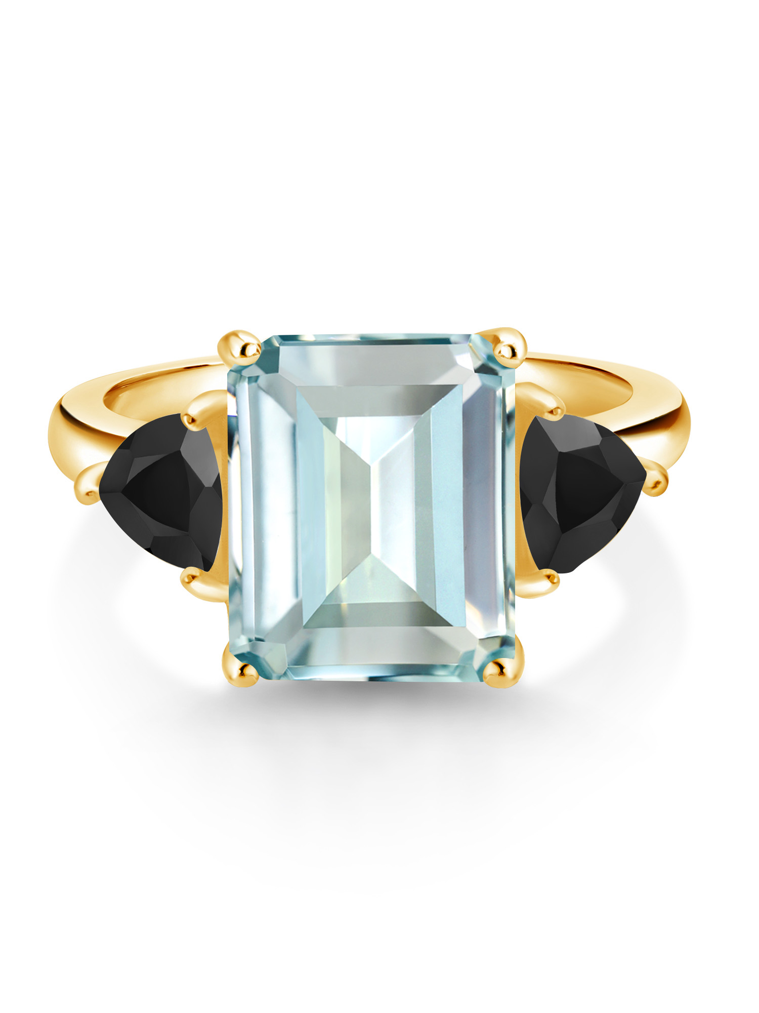 Gem Stone King 18K Yellow Gold Plated Silver Sky Blue Simulated Aquamarine and Black Onyx 3 Stone Ring For Women (6.13 Cttw, Octagon 12X10MM, Trillion 5X5MM, Gemstone March Birthstone, Size 6)