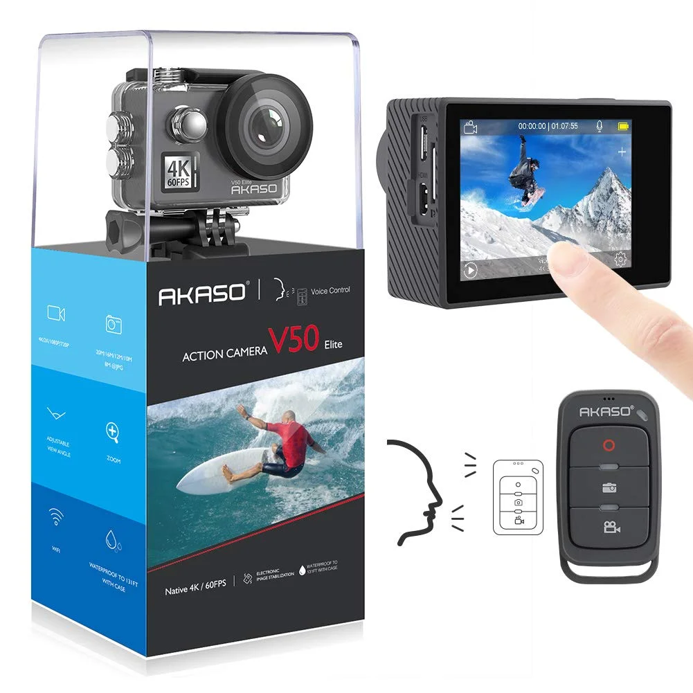 AKASO V50 Elite 4K/60fps WiFi Action Camera with Voice Control EIS 8XZoom Waterproof Sport Camera with Helmet Accessories Kit