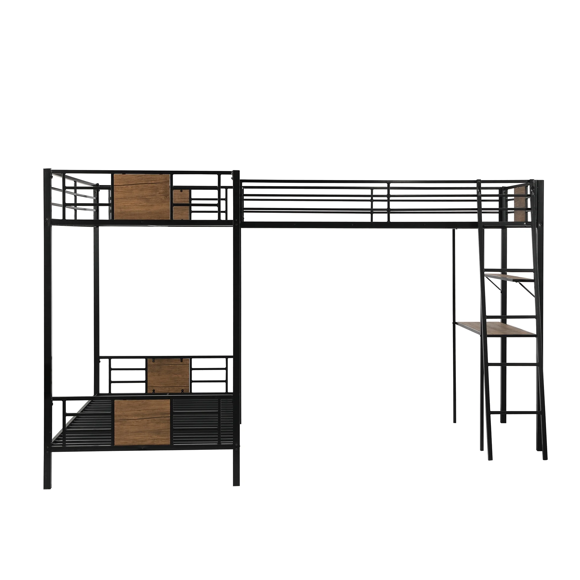 Twin over Twin Metal MDF L-Shaped Bunk Bed with a Loft Attached, Triple Bedframe with Desk, Shelf, Guardrails, and Ladders
