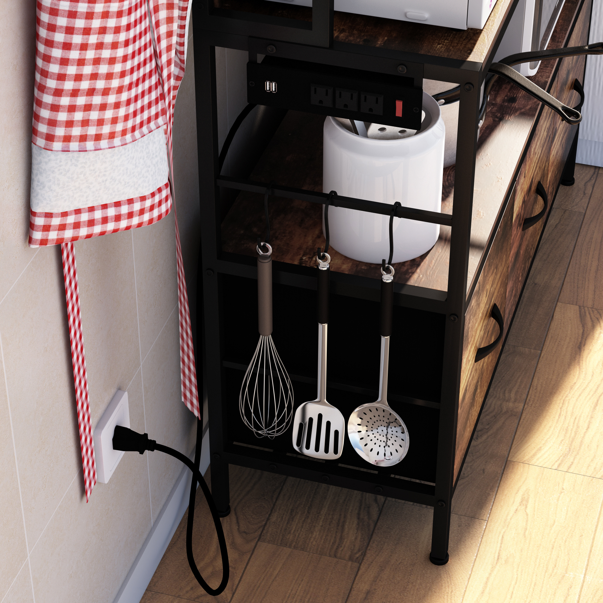 NAIYUFA Bakers Rack Large Capicity Brown 5-tier ,3 Pull Out Baskets Wood Kitchen Shelf with Power Outlets