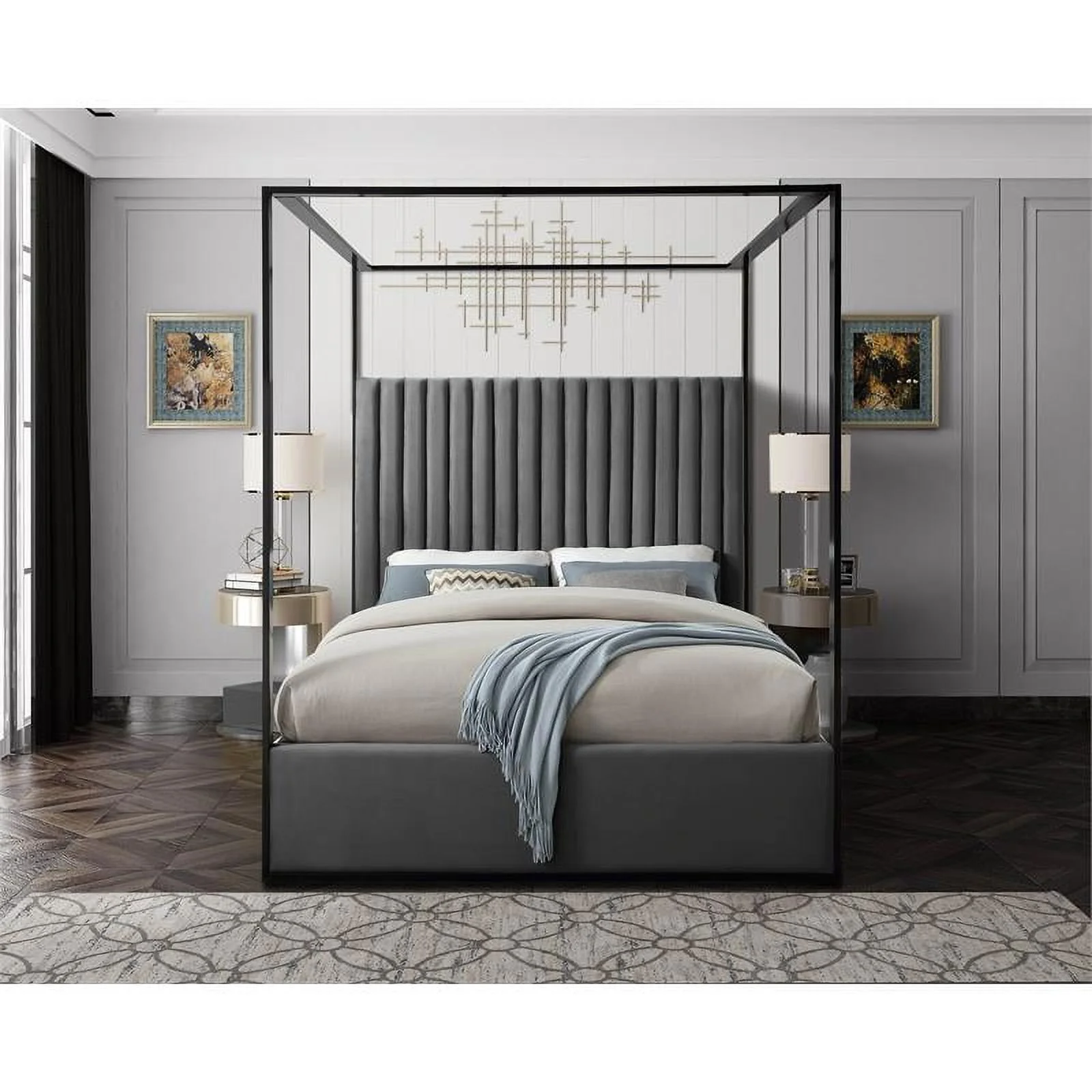 Meridian Furniture Jax Solid Wood and Velvet Queen Bed in Gray