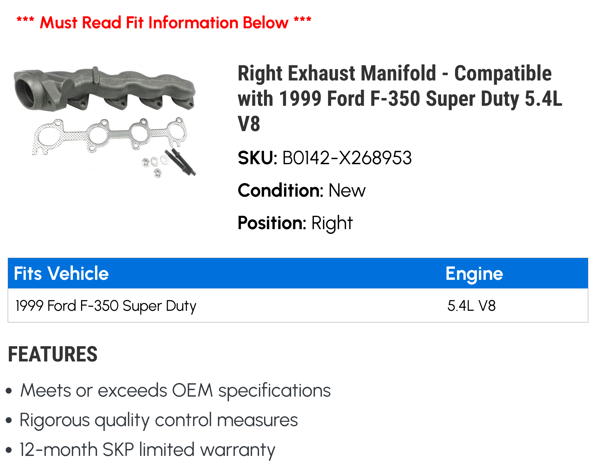Right Exhaust Manifold - Compatible with 1999 Ford F-350 Super Duty 5.4L V8