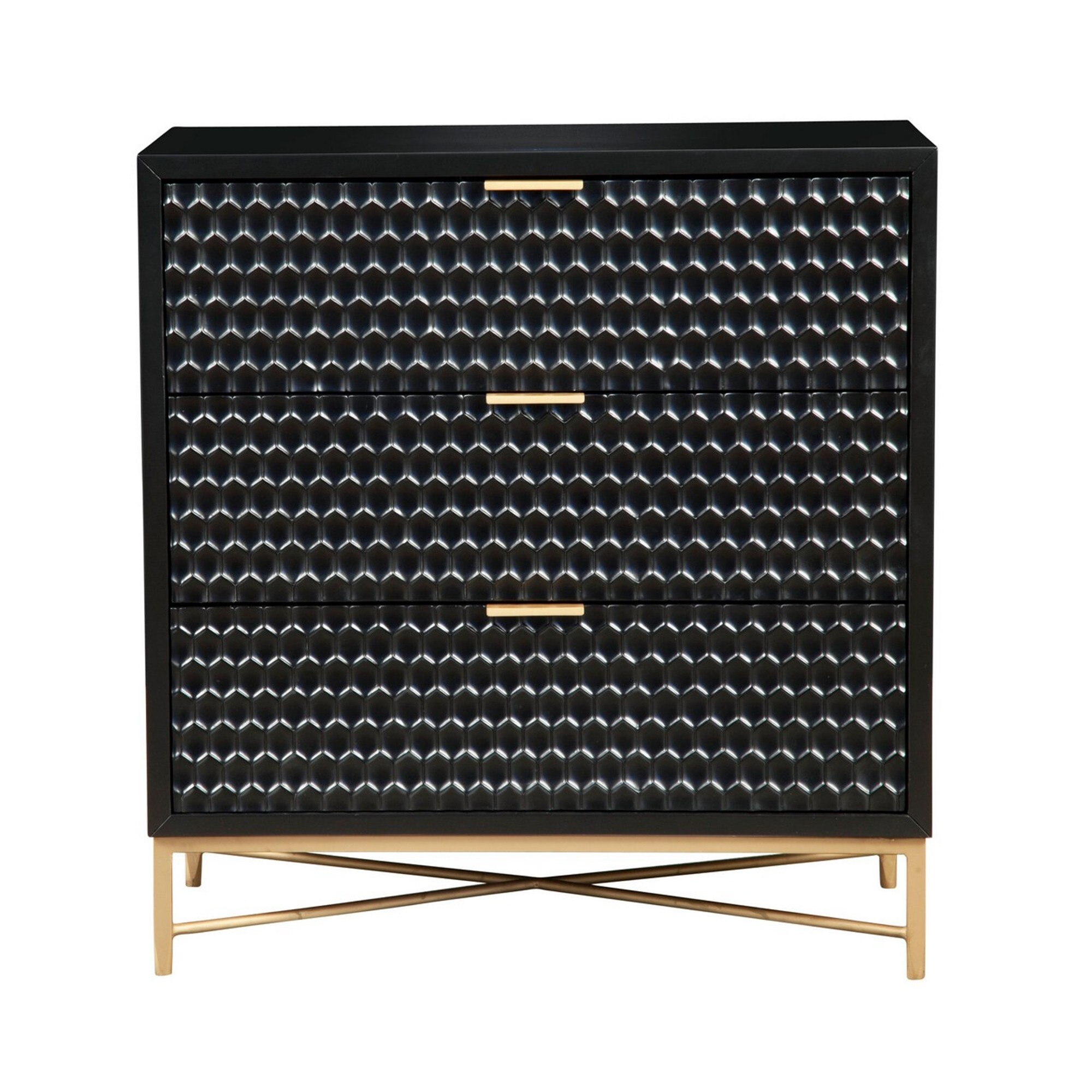Rexi 34 Inch 3 Drawer Small Dresser Chest, Honeycomb Panels, Black, Gold