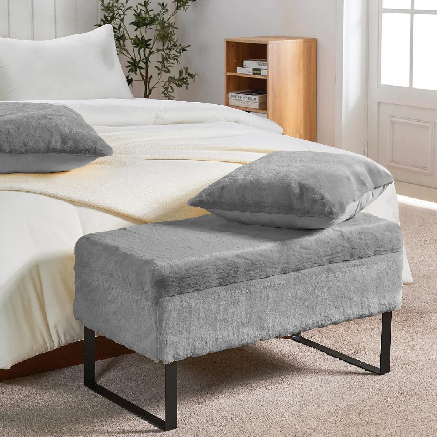 Heavy Faux Fur Storage Ottoman, 36'' X 18'' X 19''H / 20'' X 20'' Pillow Set, Silver, Foot Rest Stool Ottoman Living Room Bedroom End Of Bed Makeup Entryway Bench With Throw Pillow