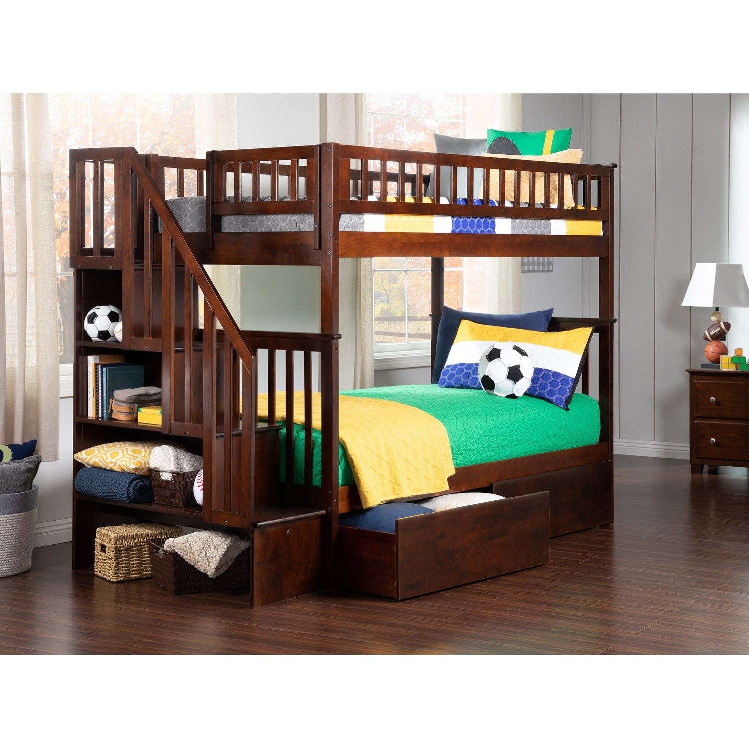 AFI Woodland Staircase Bunk Bed Twin over Twin with 2 Drawers in Walnut