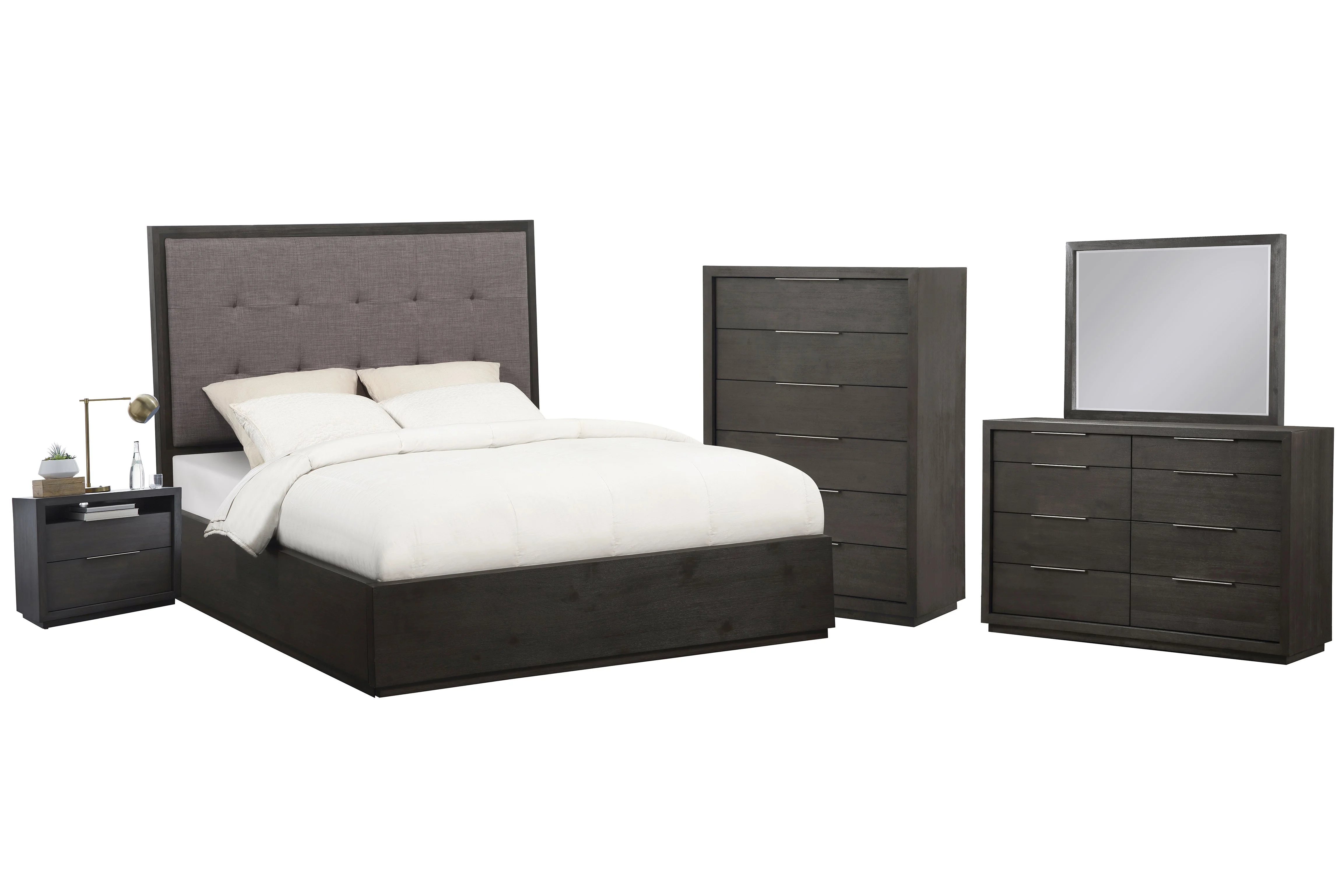 Outbound 5PC Queen Storage Bed, Nightstand, Dresser, Mirror & Chest Set in Weathered Grey