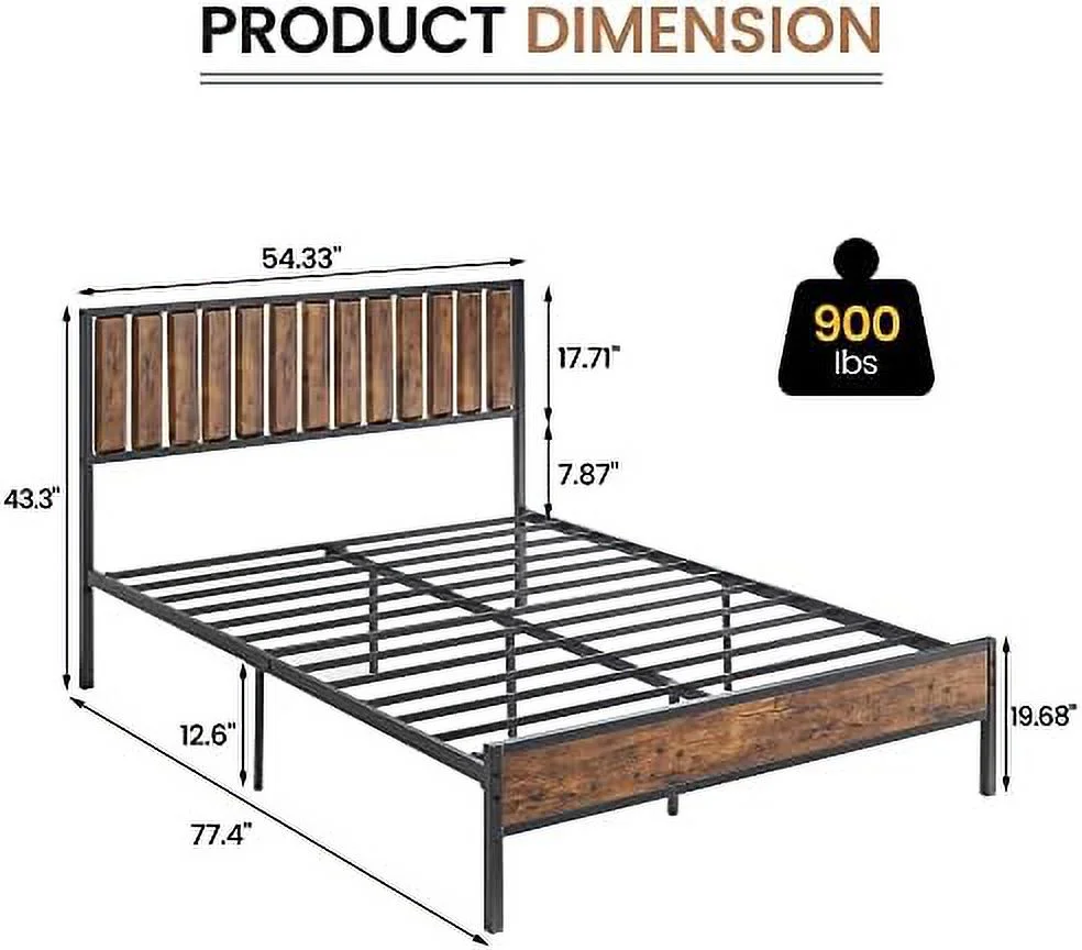 RUNFAYBIU Queen Size Bed Frame with Wood Headboard Metal Bed Frame with 14 Heavy Duty Steel Slats No Box Spring Needed Noise-Free Retro Brown