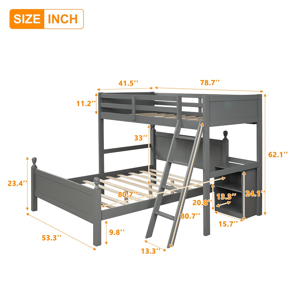 Twin-Over-Full Loft Bed with a Cabinet Can be Separated into 2 Beds No Box Springs Required