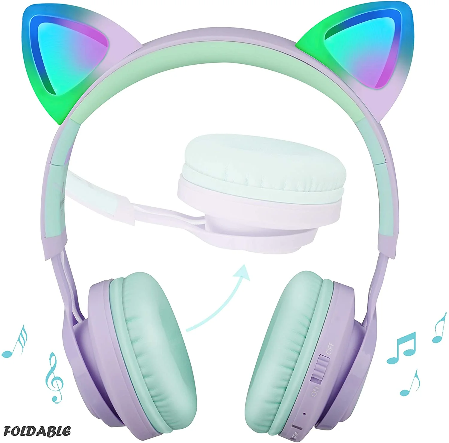 Riwbox Kids Wireless Headphones, CT-7S Cat Ear Bluetooth, 85dB Volume Limiting, LED Light Up Over Ear with Microphone for Laptop/PC/TV (Purple&Green)