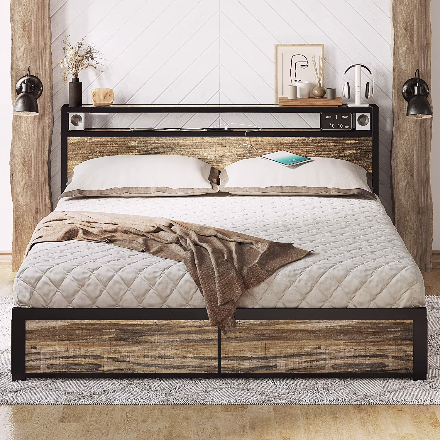 LIKIMIO Queen Bed Frame with Storage Drawer  2-Tier Storage Headboard with Charging Station  No Box Spring Needed  Easy Assembly  Rustic Brown