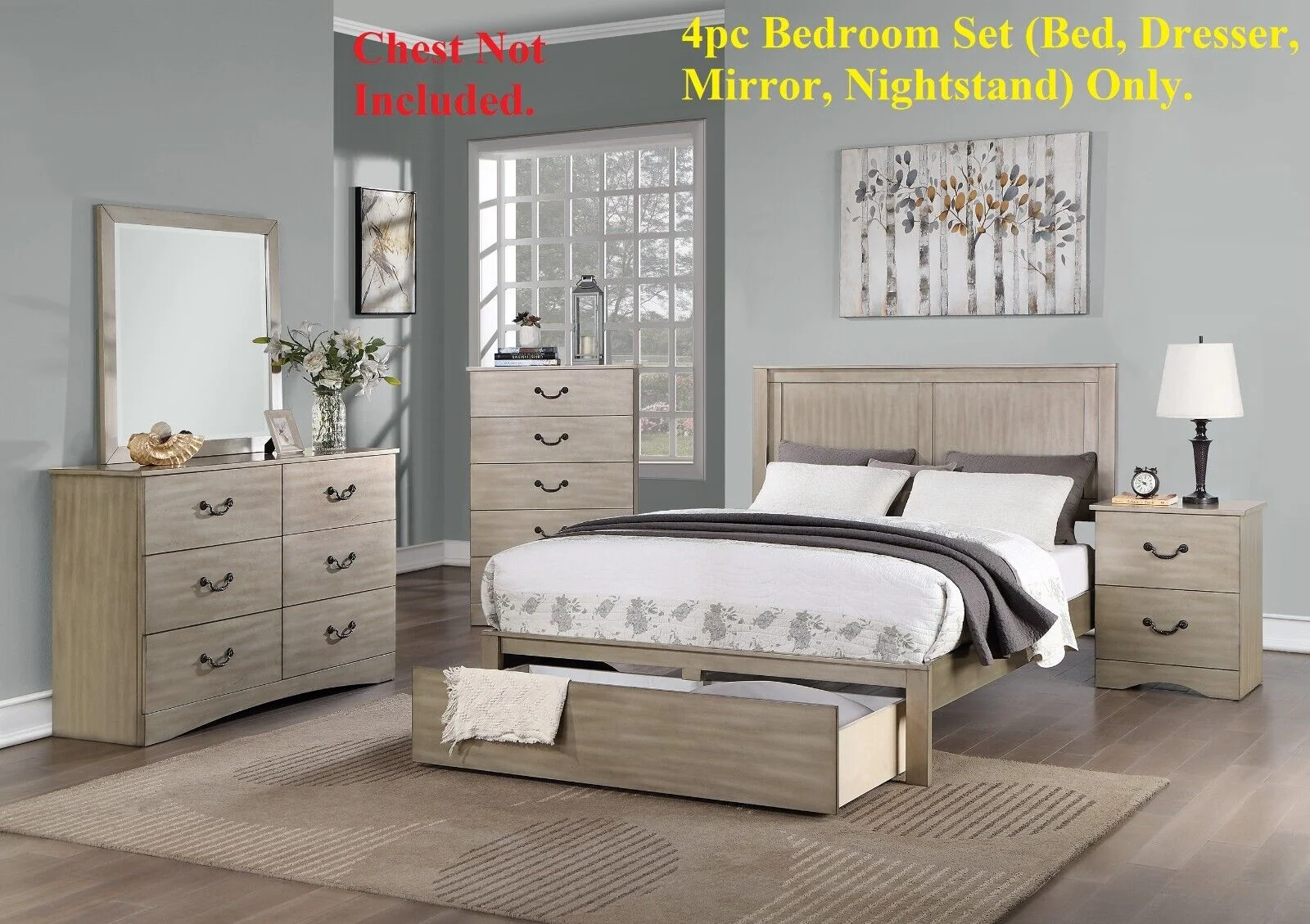 Modern Gorgeous 4pc California King Size Bed w Underbed Drawer Dresser Mirror Nightstand Bedroom Furniture Light Tan Hue Finish