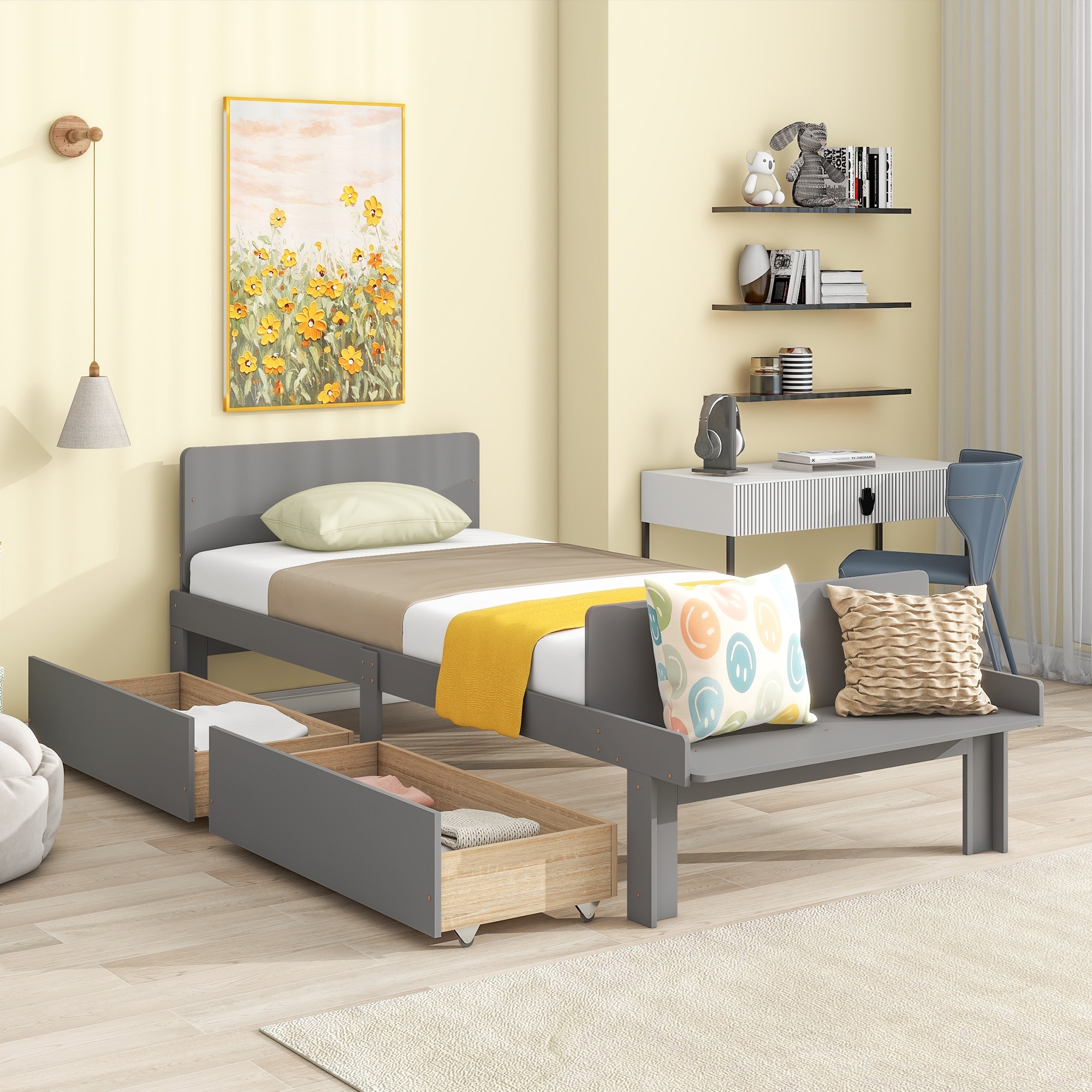 Kichae Twin Bed with Footboard Bench and 2 drawers Grey - Twin