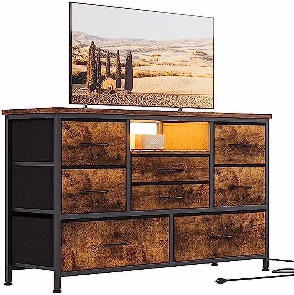 RUNFAYBIU 8 Dresser TV Stand with Power Outlet & LED for 55'' TV  Long Dresser for Bedroom with 8 Deep Drawers  Wide Console Table for  in Closet  Living Room  Entryway  Wood