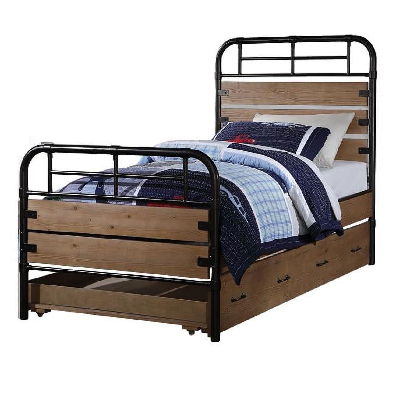 Benzara BM196885 Industrial Style Metal & Wood Twin Size Bed with Slated Headboard, Black & Brown