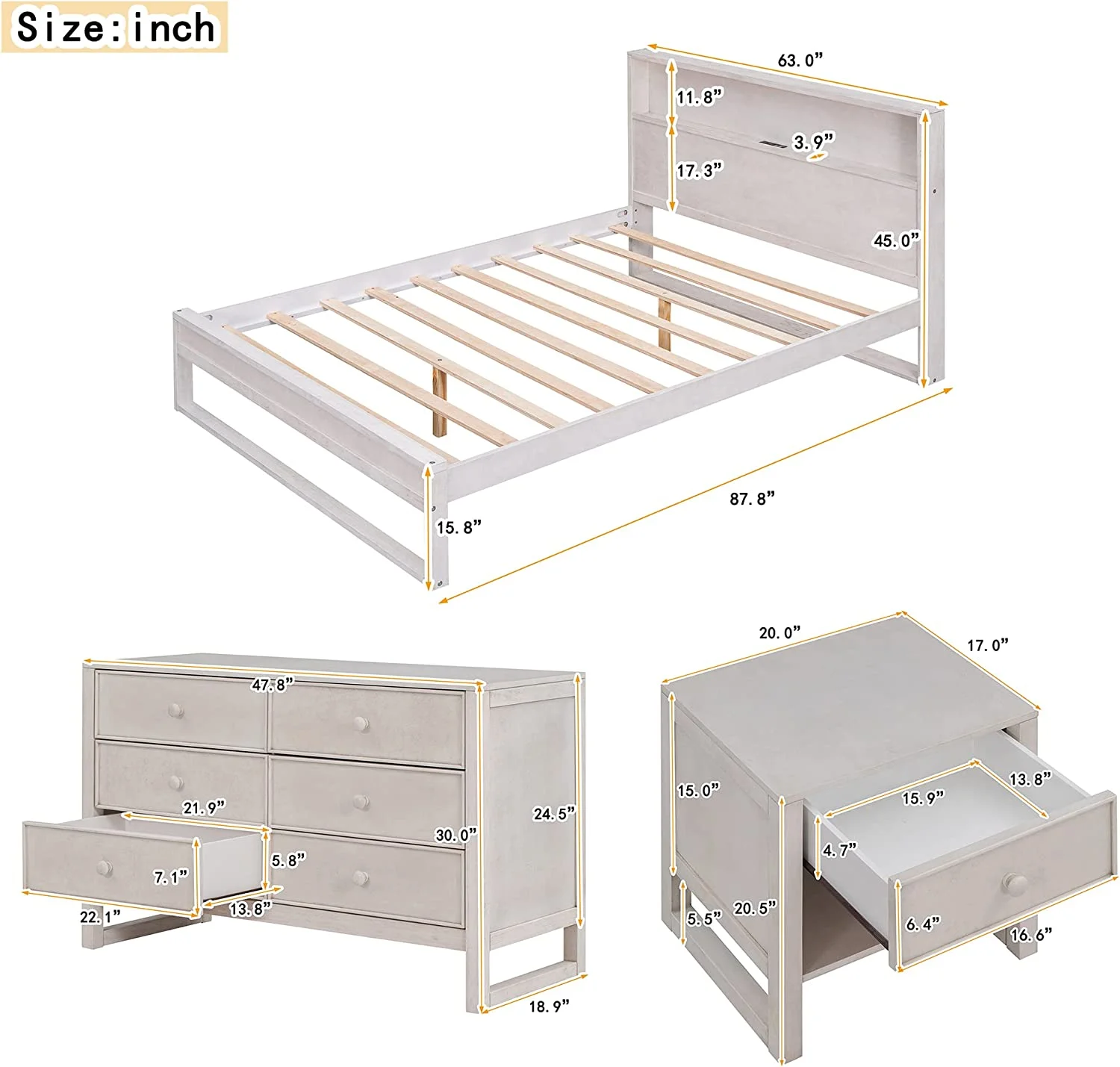 Bedroom Sets, 3 Piece Bedroom Sets With Queen Size Platform Bed, Nightstand And Dresser, Solid Pine Wood Framhouse Bed Room Set, Queen Bedroom Sets, Antique White