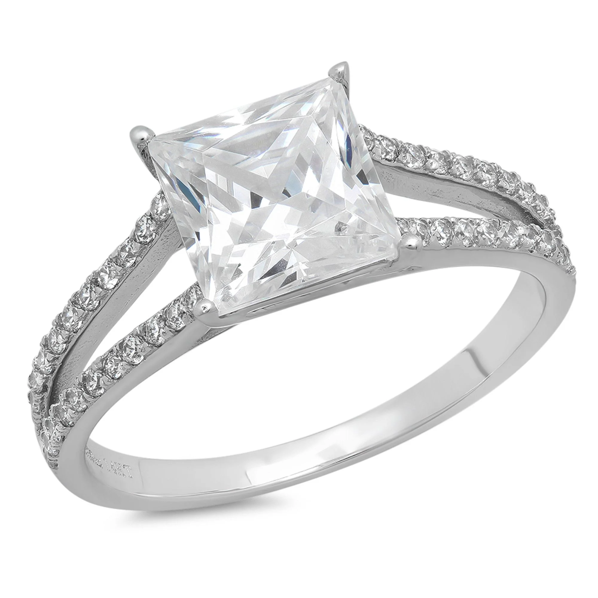 2.44 ct Brilliant Princess Cut Clear Simulated Diamond 18K White Gold Solitaire with Accents Ring SZ 6.75