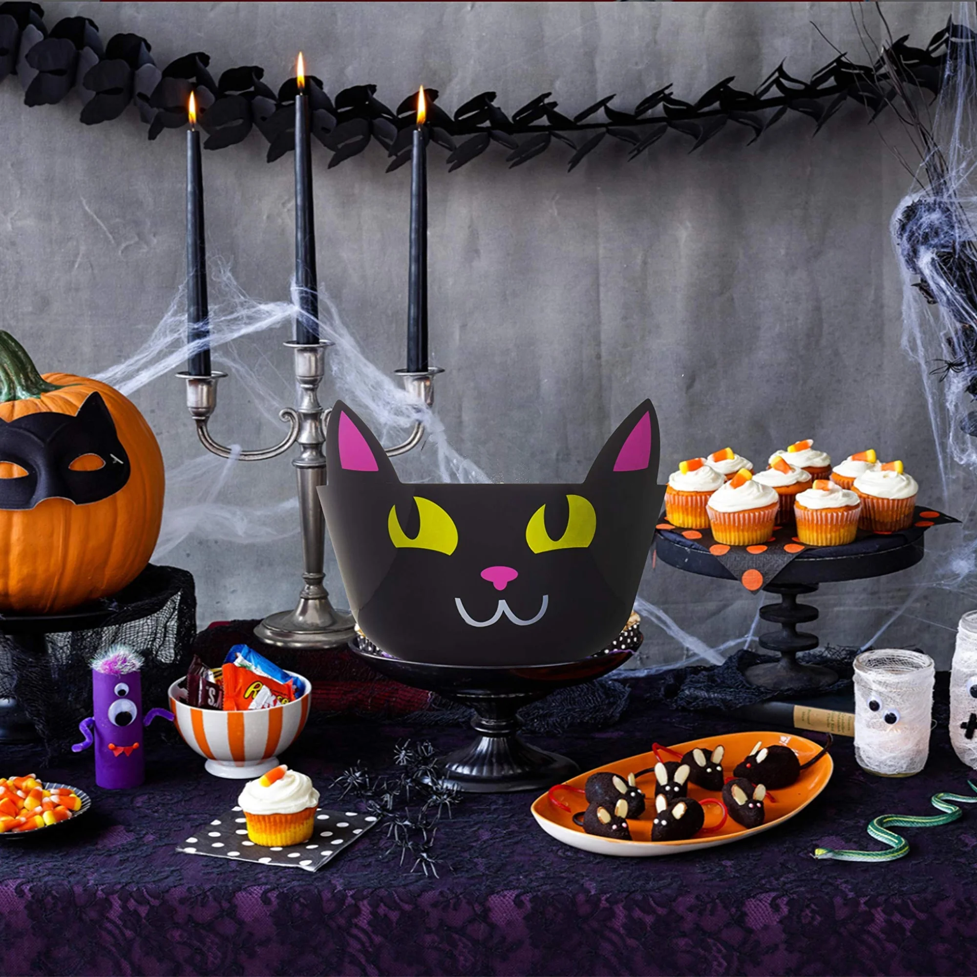 Black Cat Plastic Serving Bowl, Cute Funny Candy Bucket, Snacks Fruit Dessert Candy Holder Christmas Holiday Treats Serving Dish for Home Birthday Party Table Decor Set of 4 &CUSTOM Storage Carrier