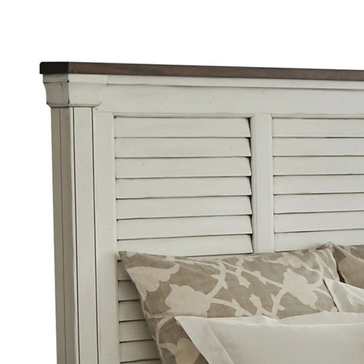 Ola Queen Panel Bed Shutter Style Headboard Molded Trim White and Brown- Saltoro Sherpi