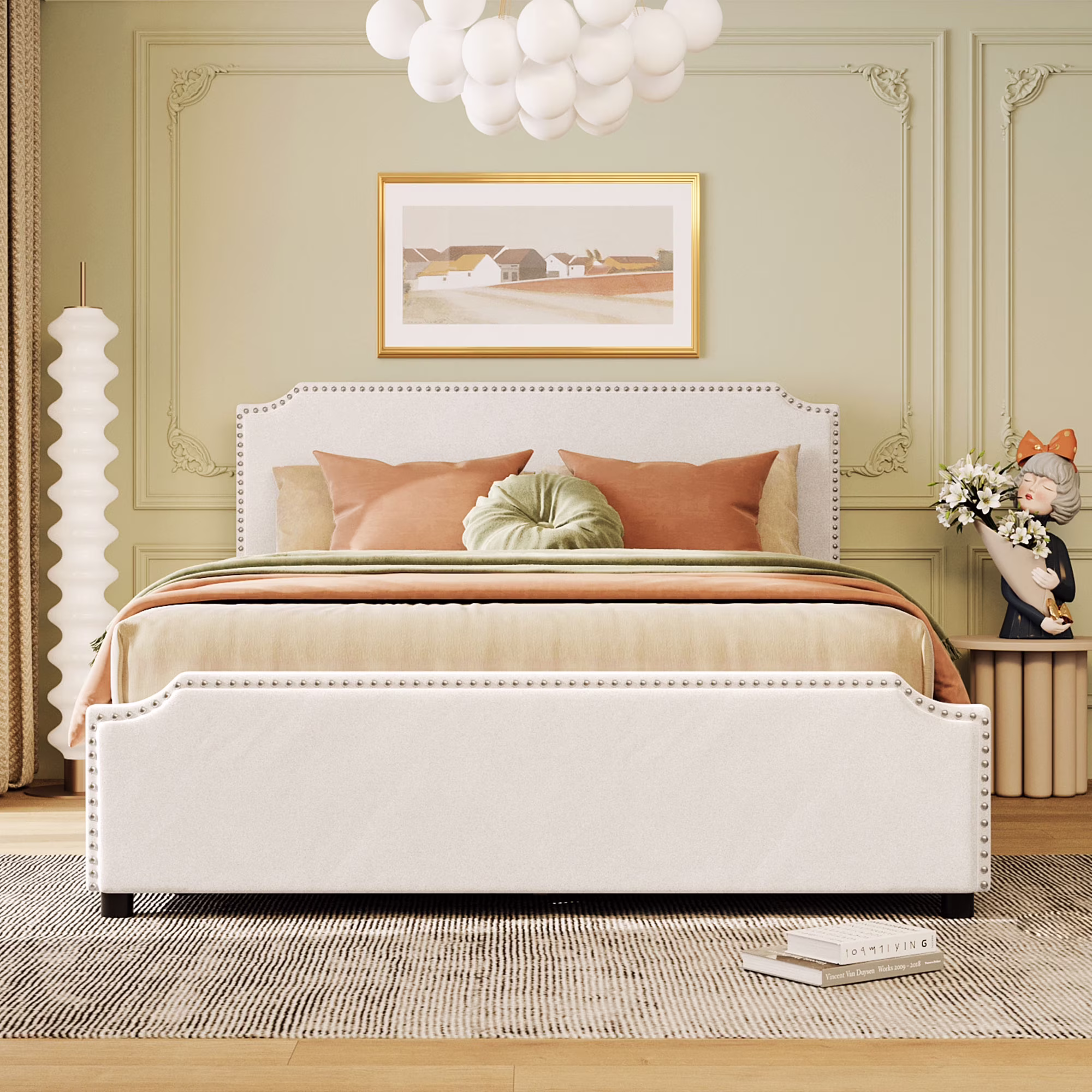 Queen Upholstered Platform Bed Frame with 4 Storage Drawers, Wooden Slats Support Mattress Foundation, No Box Spring Needed, in Velvet with Stud Trim Headboard and Footboard(Beige)