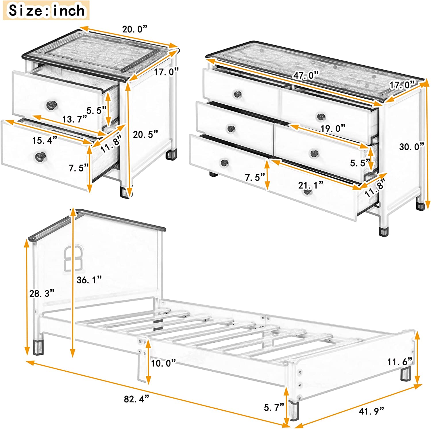 Bedroom Set Furniture, 3-Pieces Bedroom Sets, Size Platform Bed With Nightstand And Storage Dresser, White+Gray