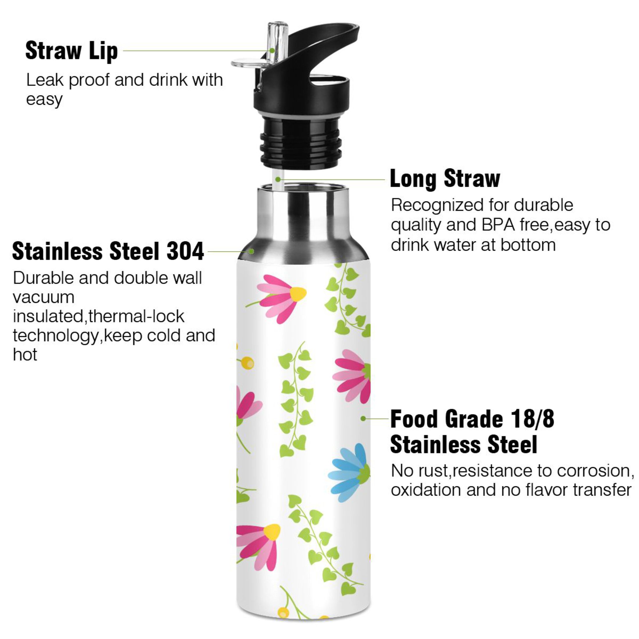 Water Bottle with Straw Lid Leak Pink Floral Green Leaves Stainless Steel Insulated Thermos Vacuum Flask for Cold Hot Drinking for Sports Camping Gym Yoga