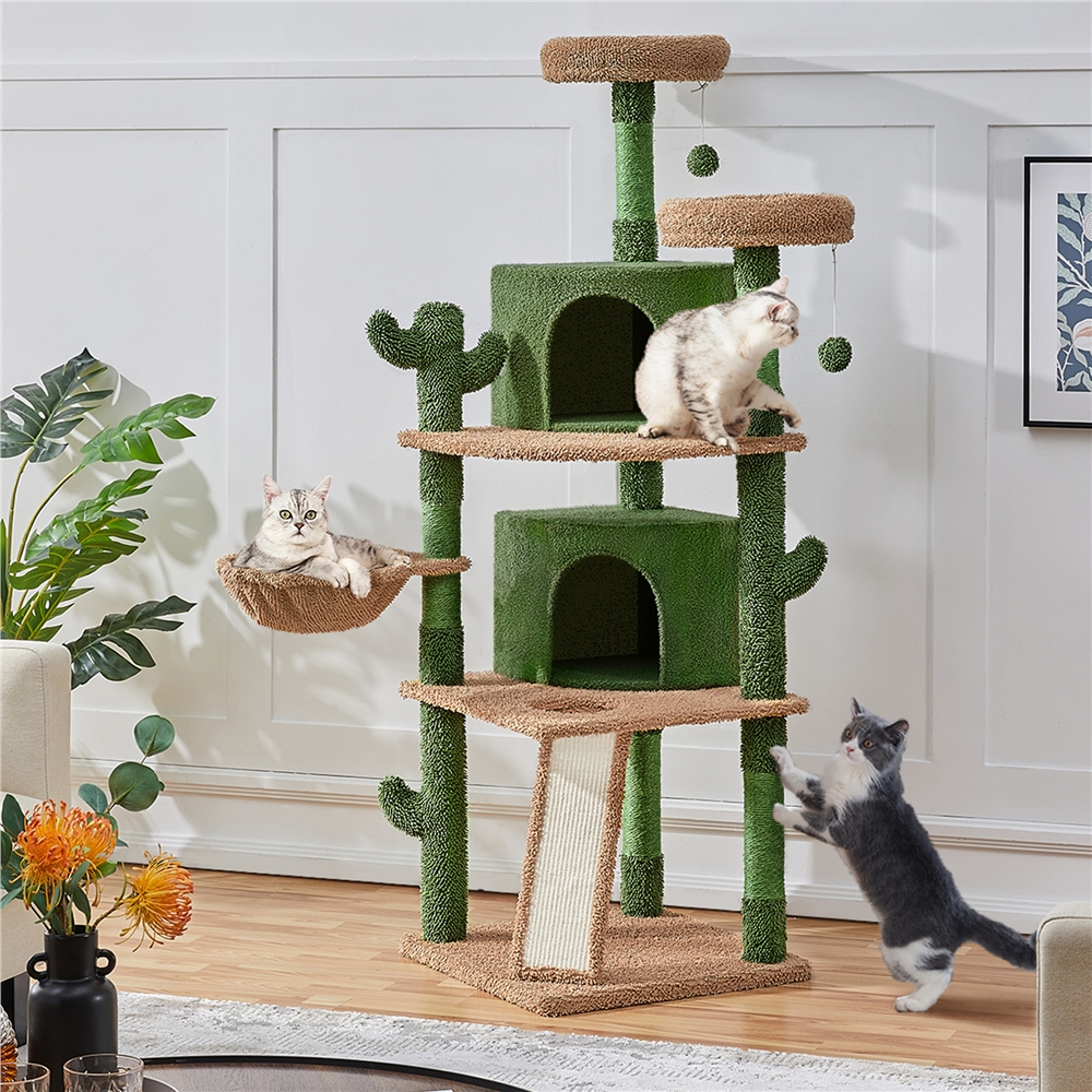 Alden Design 66″ H Multi-Level Cactus Cat Tree with Natural Sisal for Small/Medium Cats, Green/Brown