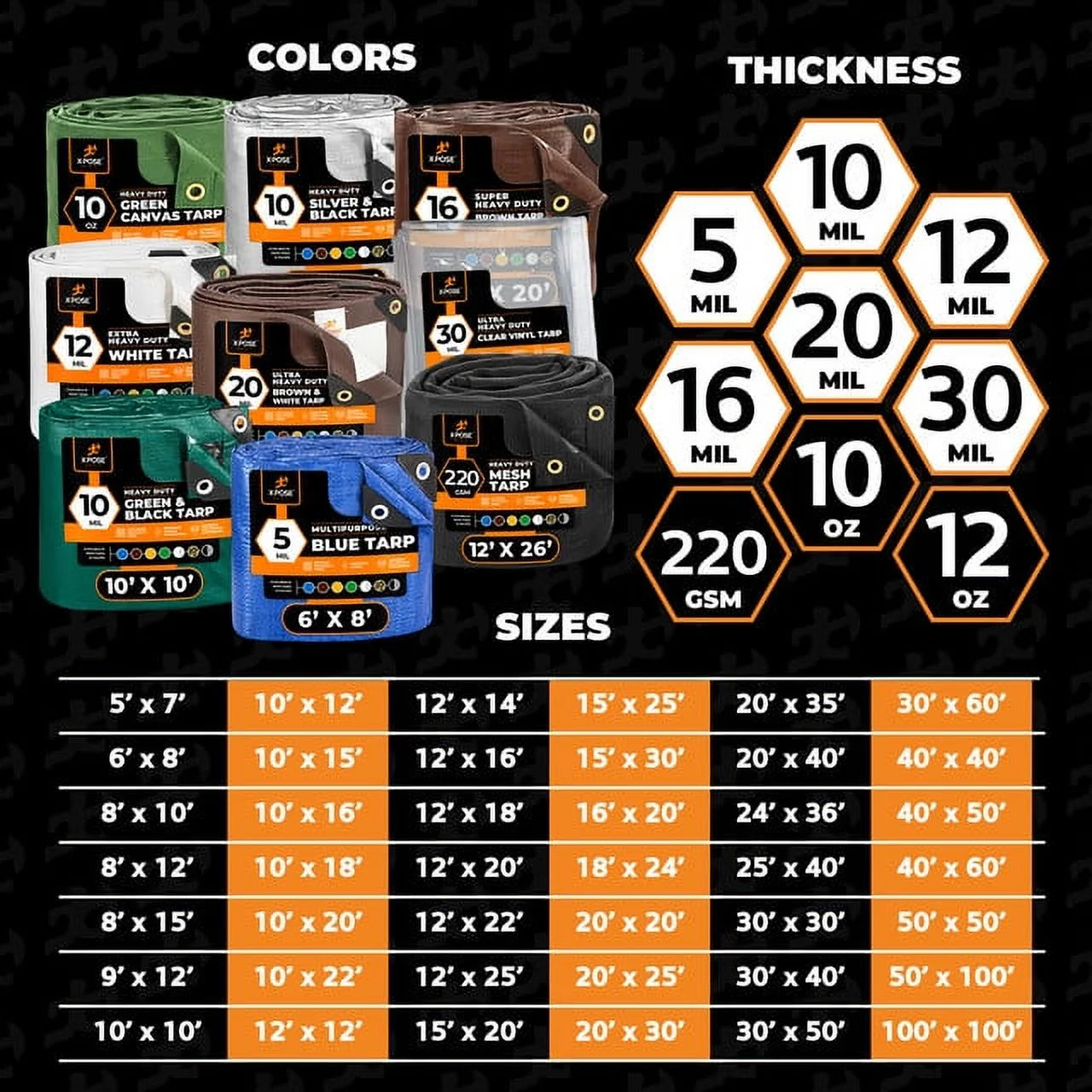 Heavy Duty Poly Tarp 20 Feet x 25 Feet 10 Mil Thick Waterproof, UV Blocking Protective Cover - Reversible Green and Black - Laminated Coating - Rustproof Grommets - by Xpose Safety