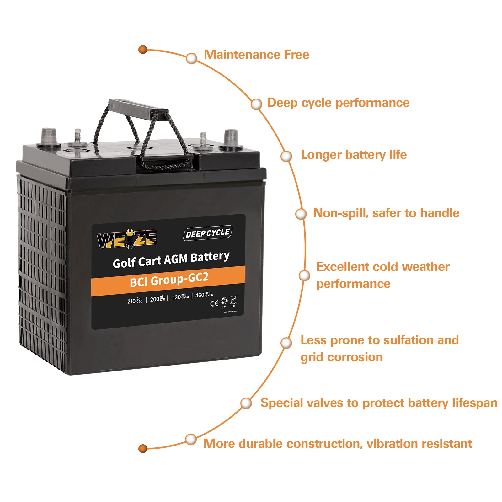 Weize Golf Cart Battery, 6V 210ah BCI Group GC2 Deep Cycle AGM Scrubber Battery