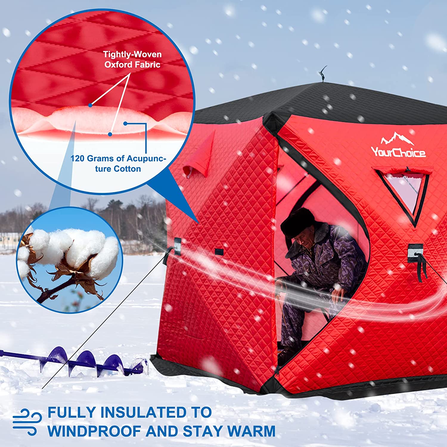YGDU 3-4 Person Ice Fishing Shelter, Fully Insulated Ice Fishing Shelter, with Insulated Layer to and Ice Fishing Tent, Function Upgrades Ice Fishing Gear and Equipment
