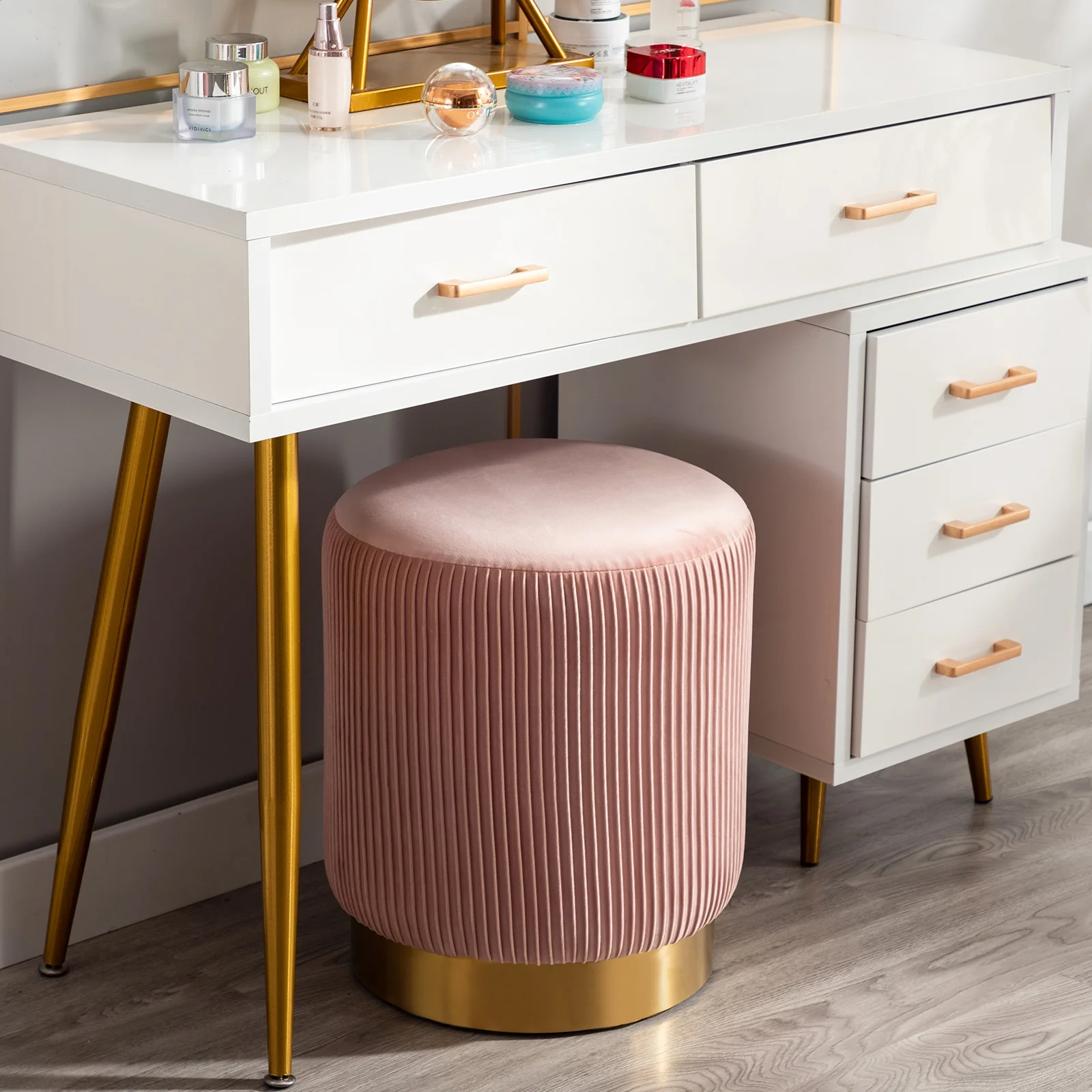 Duhome Modern Round Vanity Stool Small Velvet Ottoman Footstool for Living Room Bedroom Glam Furry Ottoman Seat with Gold Base, Salmon Pink