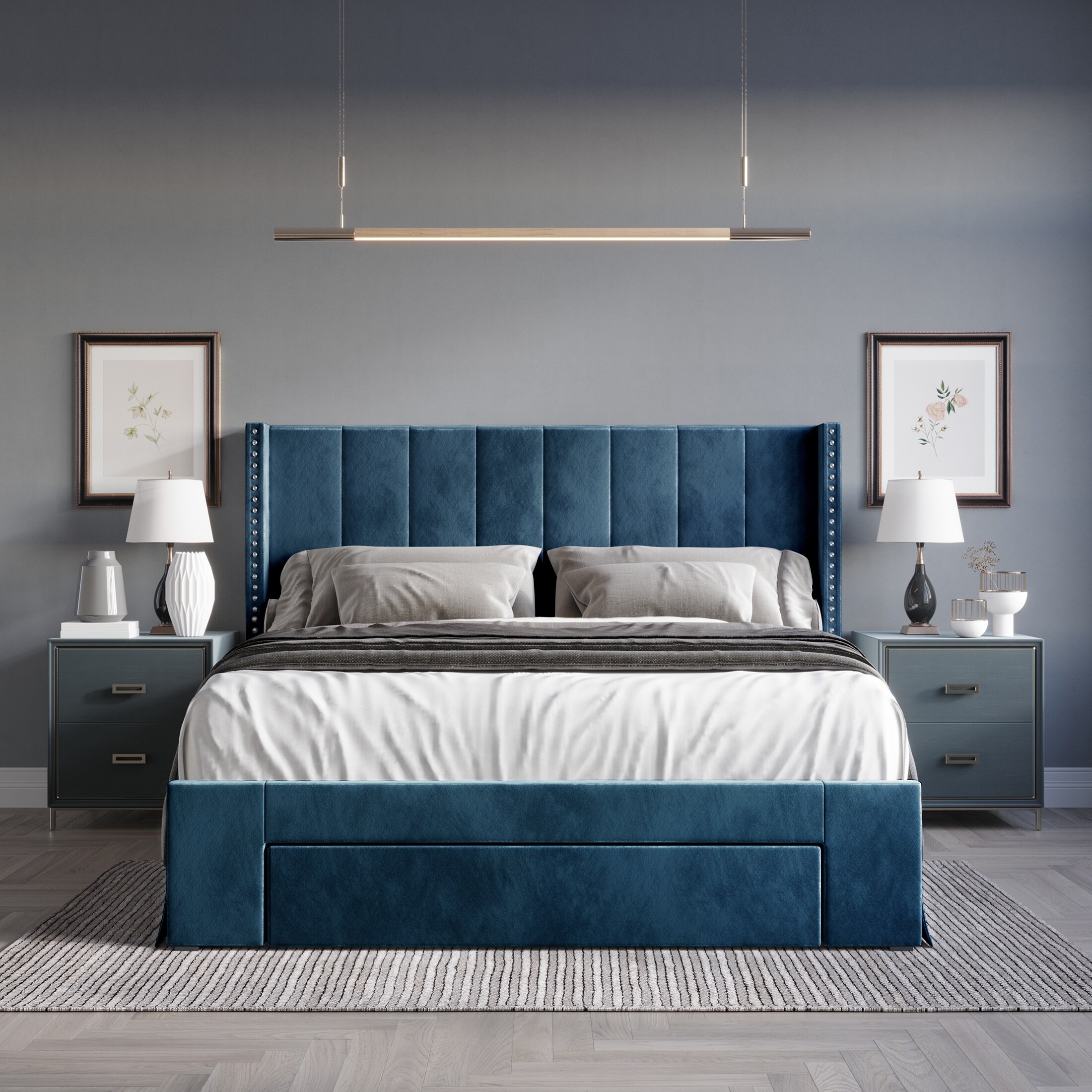 CraftPorch  Velvet Wingback Tufted Upholstered Platform Storage Bed Silver Grey King