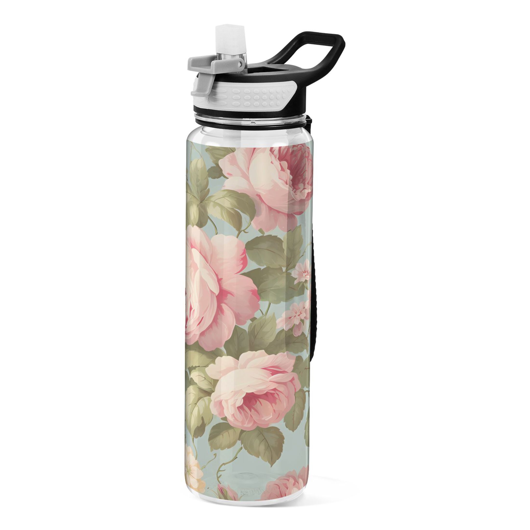 Leaves and Flowers Pink 32oz Water Bottles with Straw Tritan Leakproof Sports Bottle BPA Free Clear for Fitness Gym Swimming Cycling