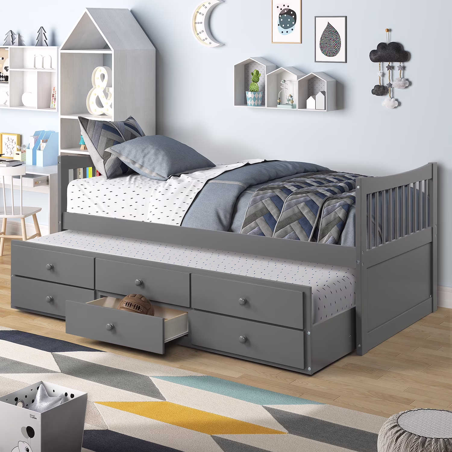Wood Bed Captain's Bed Storage Twin Daybed with Trundle Bed and Storage Drawers Platform Bed Kids Bed
