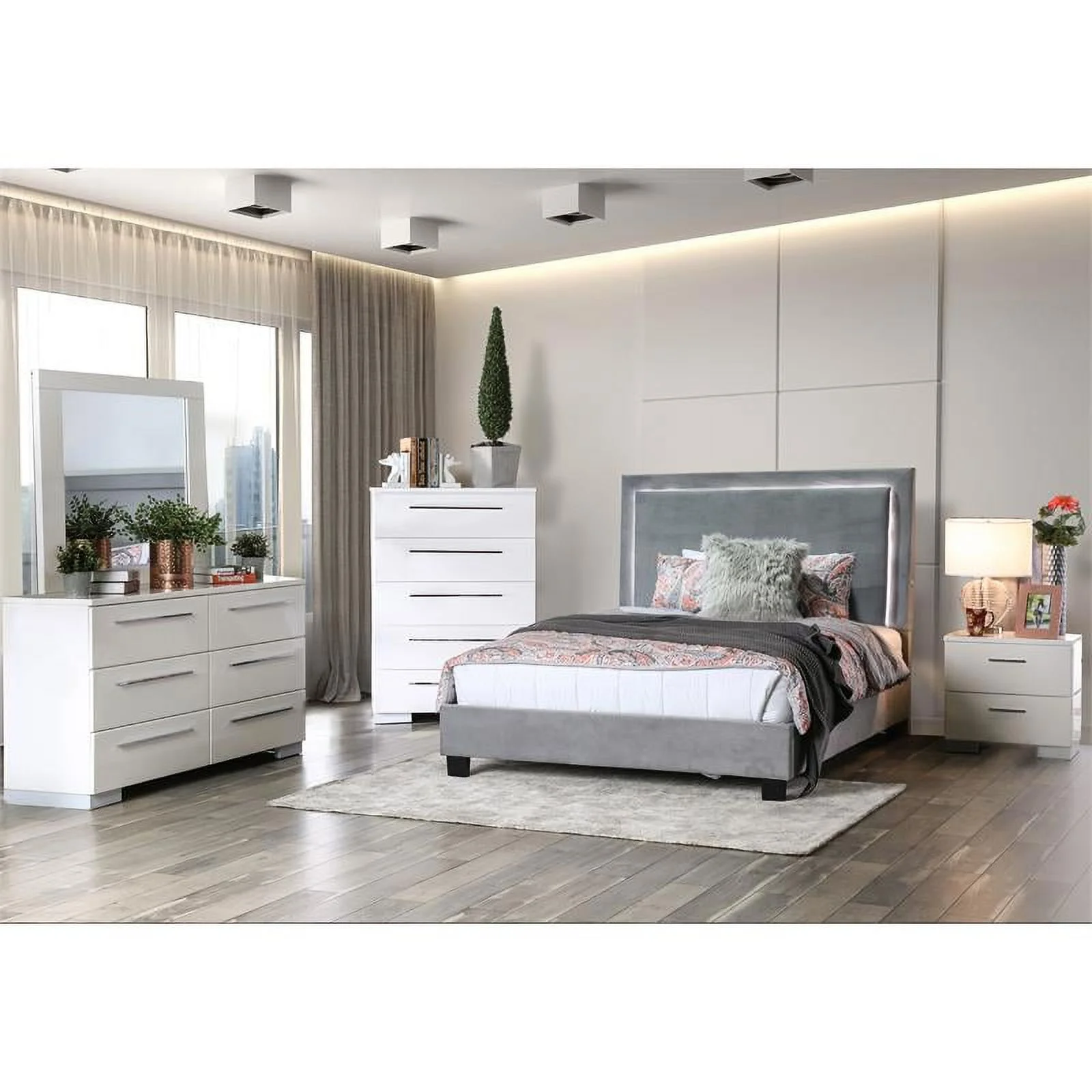 Furniture of America Luna Fabric King Bed with LED Lights in Gray