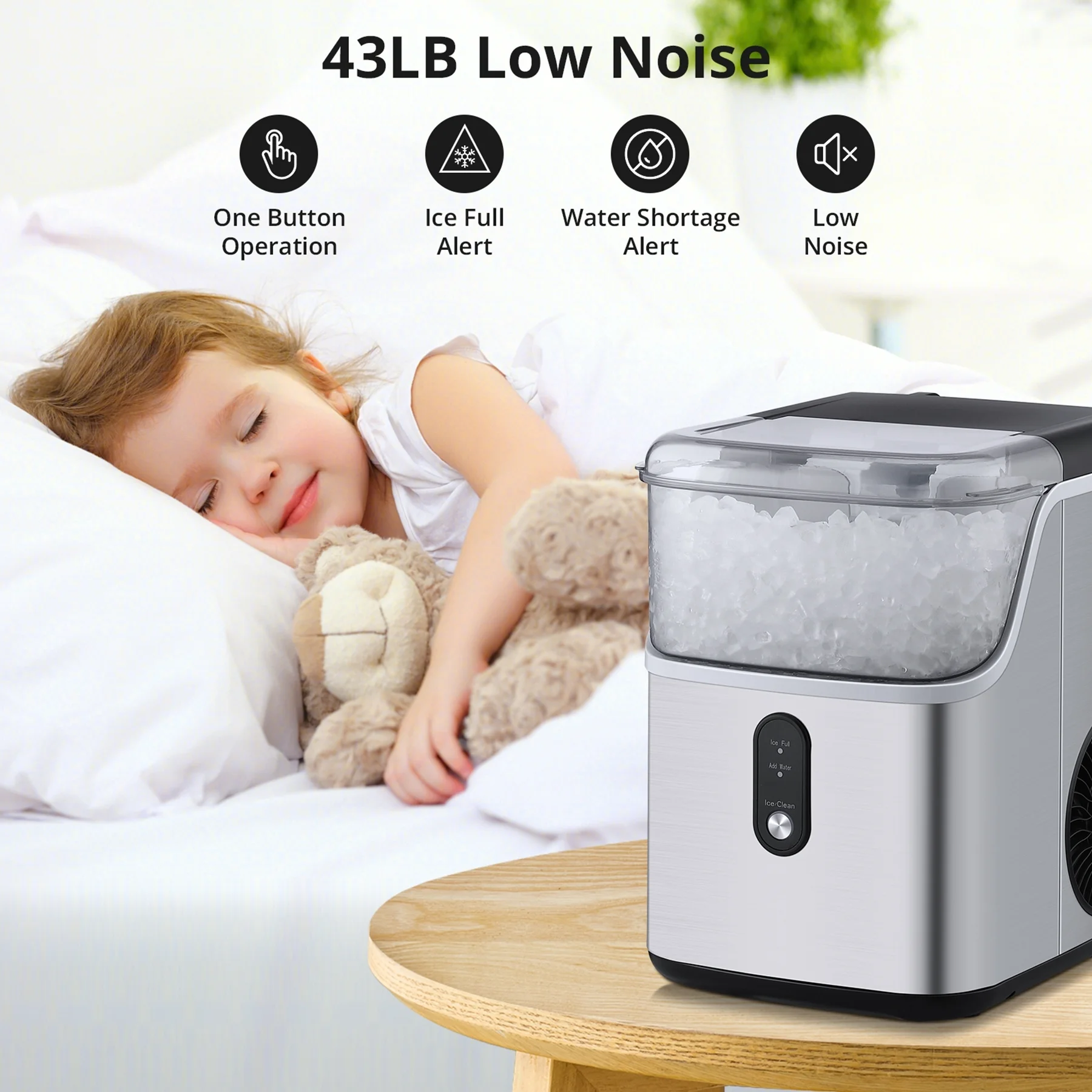 Homhougo—Nugget Ice Maker Countertop, Self-Cleaning Ice Machine Makes 35lb Ice in 24 Hrs, Stainless Steel