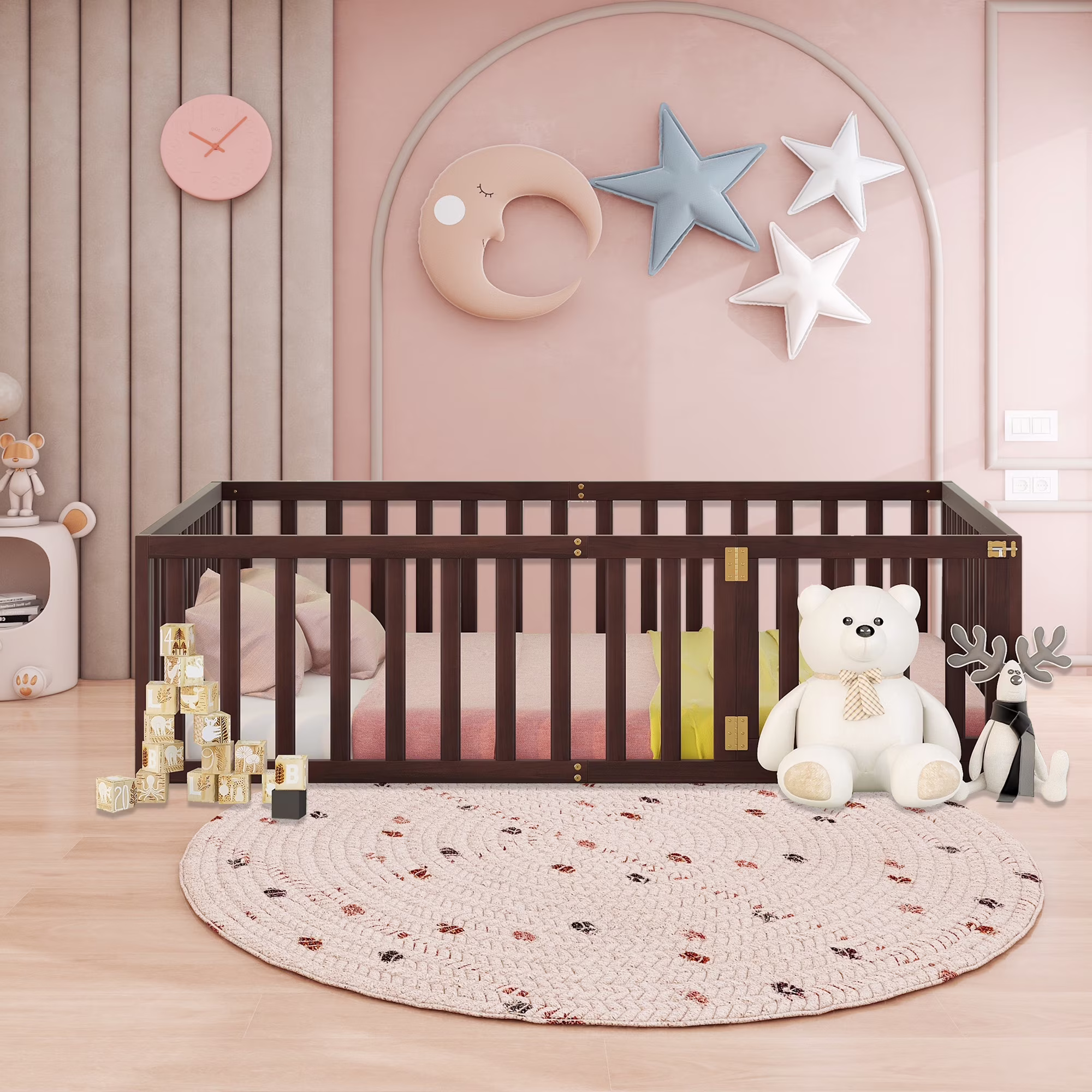 Full Size Wood Daybed Frame with Fence, Walnut