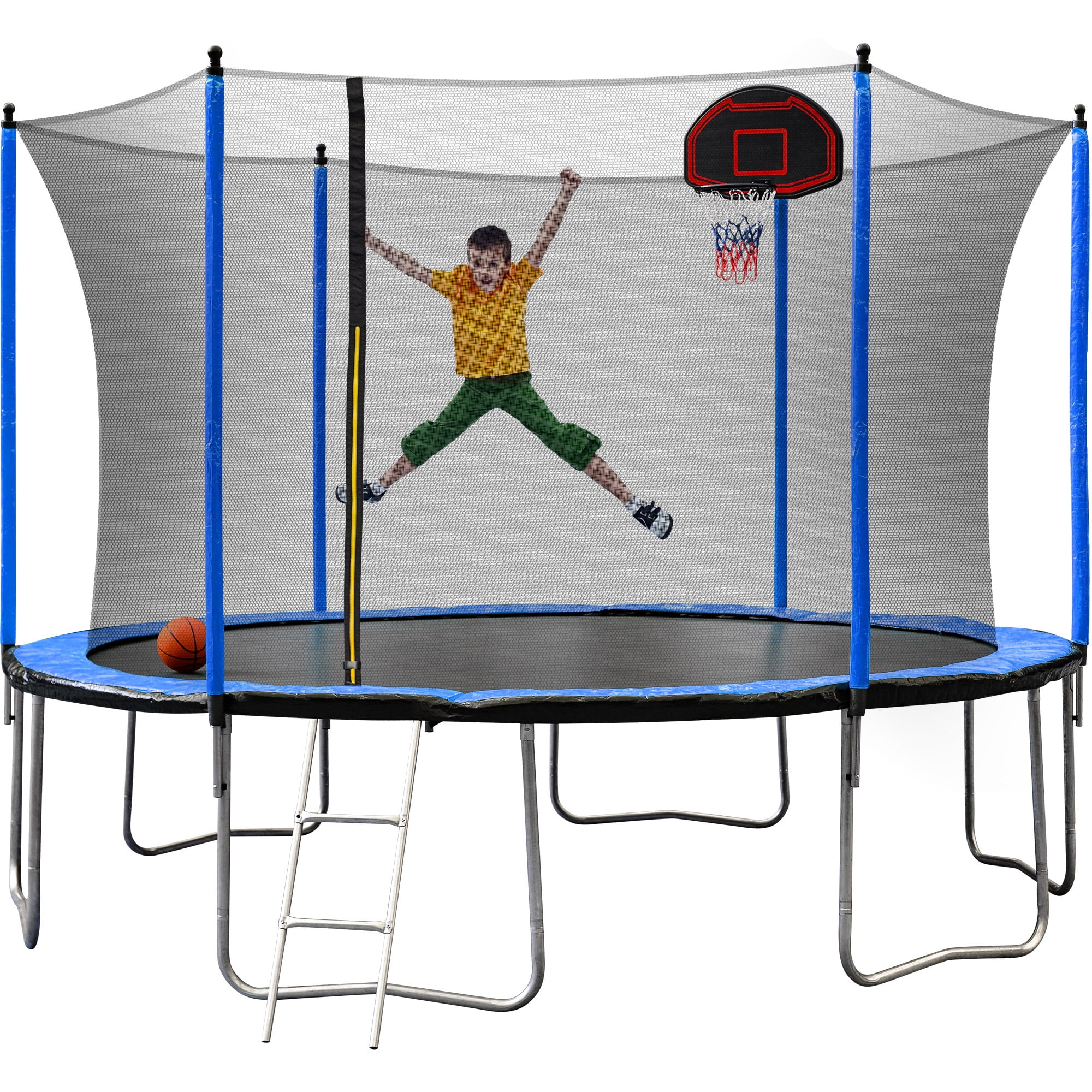 YC 14FT Trampoline with Basketball Hoop Inflator and Ladder(Inner Safety Enclosure) Blue A+B