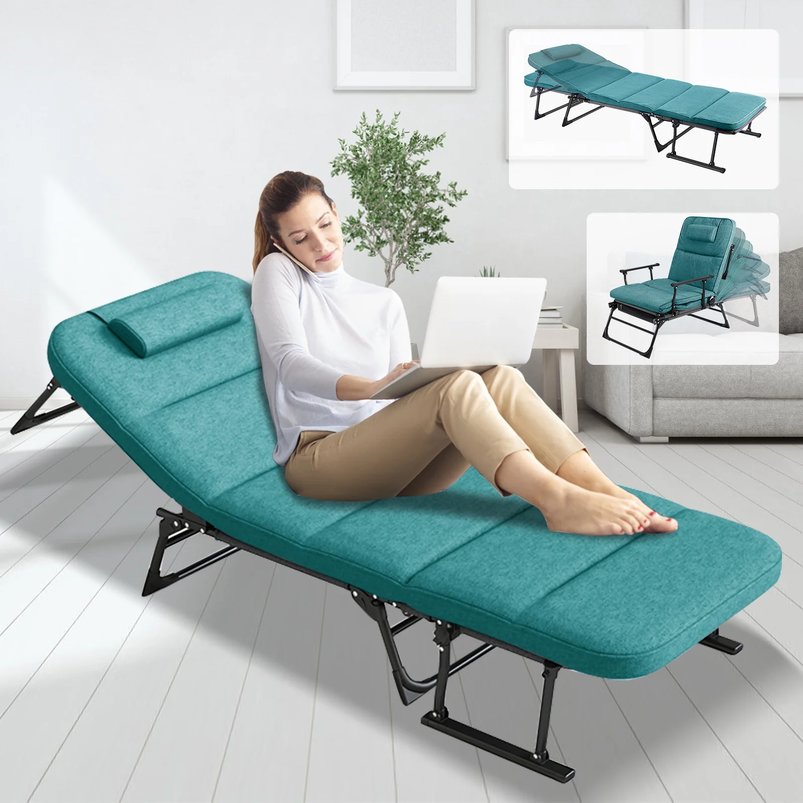 ABORON 3 in 1 Folding Bed Cot with Mattress & Pillow, Adjustable 6-Position Folding Lounge Chair, Portable Sleeping Cots Sofa Bed